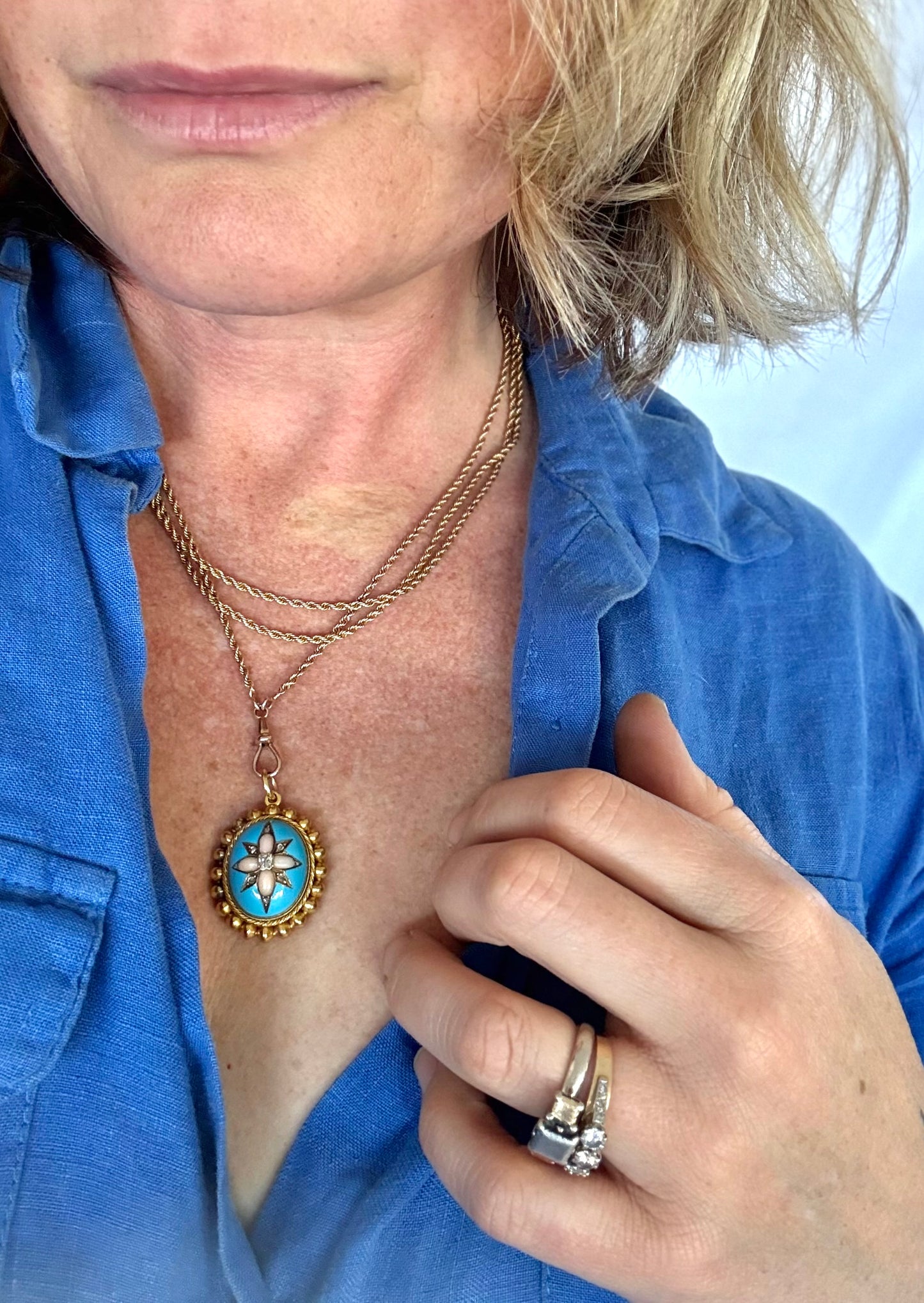 .15ct .1850s .1860s antique Victorian Yellow Gold Cushion cut Diamond Rose Cut Diamond star starburst Angel Coral and Blue Enamel Etruscan Revival Beaded border Mourning locket pendant