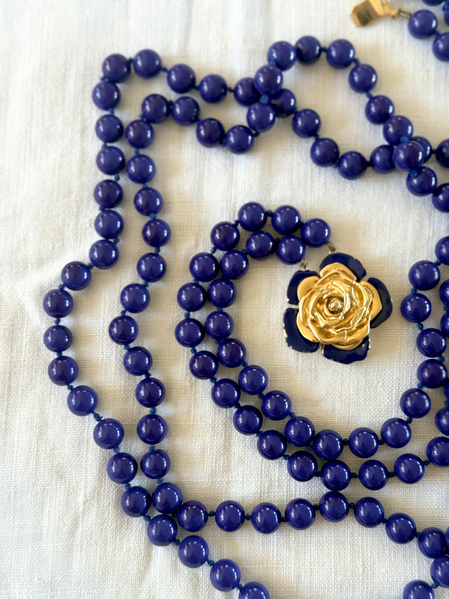 .100cm long .1980s Rare Yves Saint Laurent designer double long strand Lapis Blue Royal Blue Rose Flower gold tone floral clasp costume accent necklace