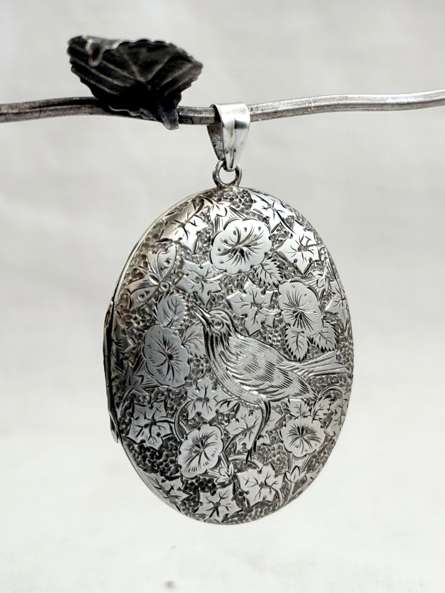 .1880s .1890s .925 large Victorian Aesthetic deep engraved Swallow and floral detailed antique French sterling silver locket