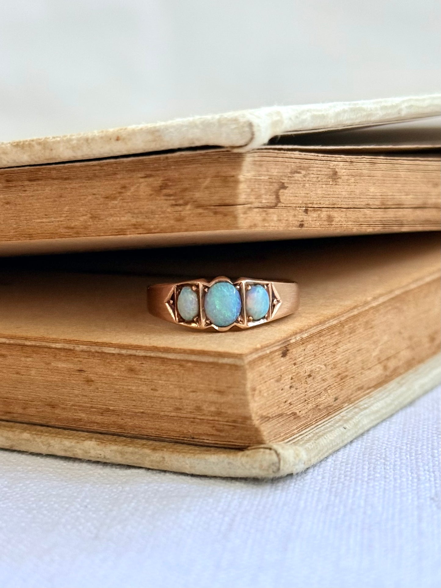 .14ct .1900s . 1920s .antique .3 opal antique Edwardian .585 marked rose gold architectural dress ring