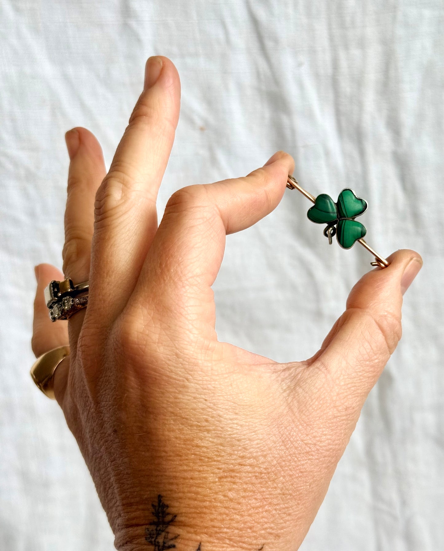 .1900s .1910s Clover Lucky token Malachite green gemstone three leaved faith token sweetheart brooch