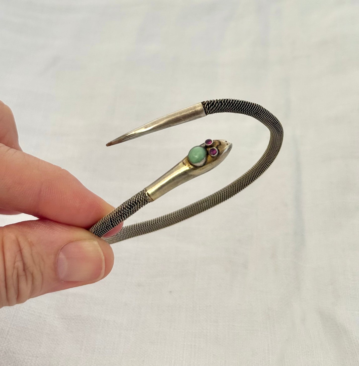 .1920s .1930s antique Victorian revival silver Snake Serpent and Chrysoprase Ruby gemstone head bangle