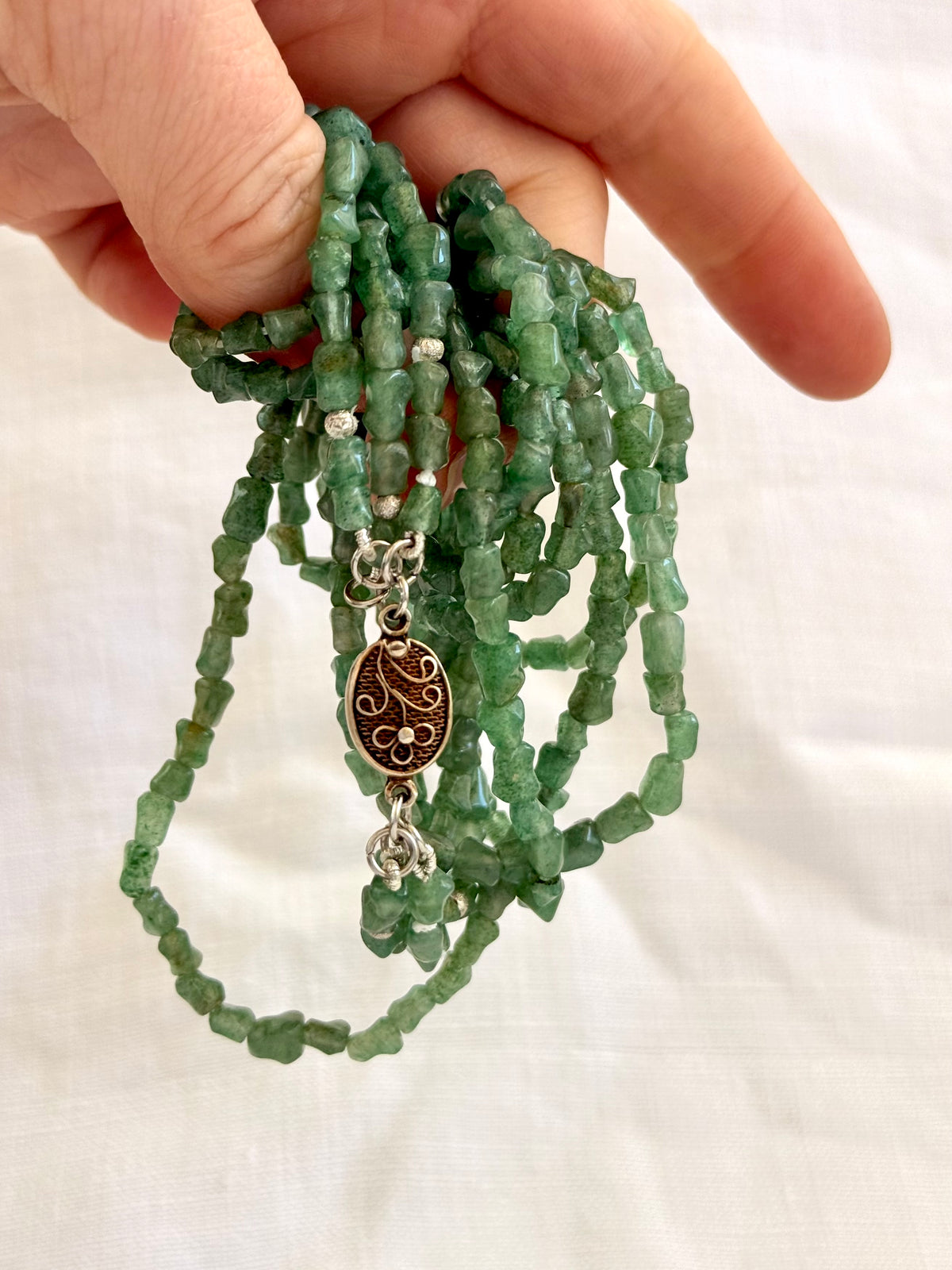 .1920s .1930s .1940s Chinese Aventurine “old Jade” Multi strand hand carved silver bamboo link export silver box clasp collectors necklace