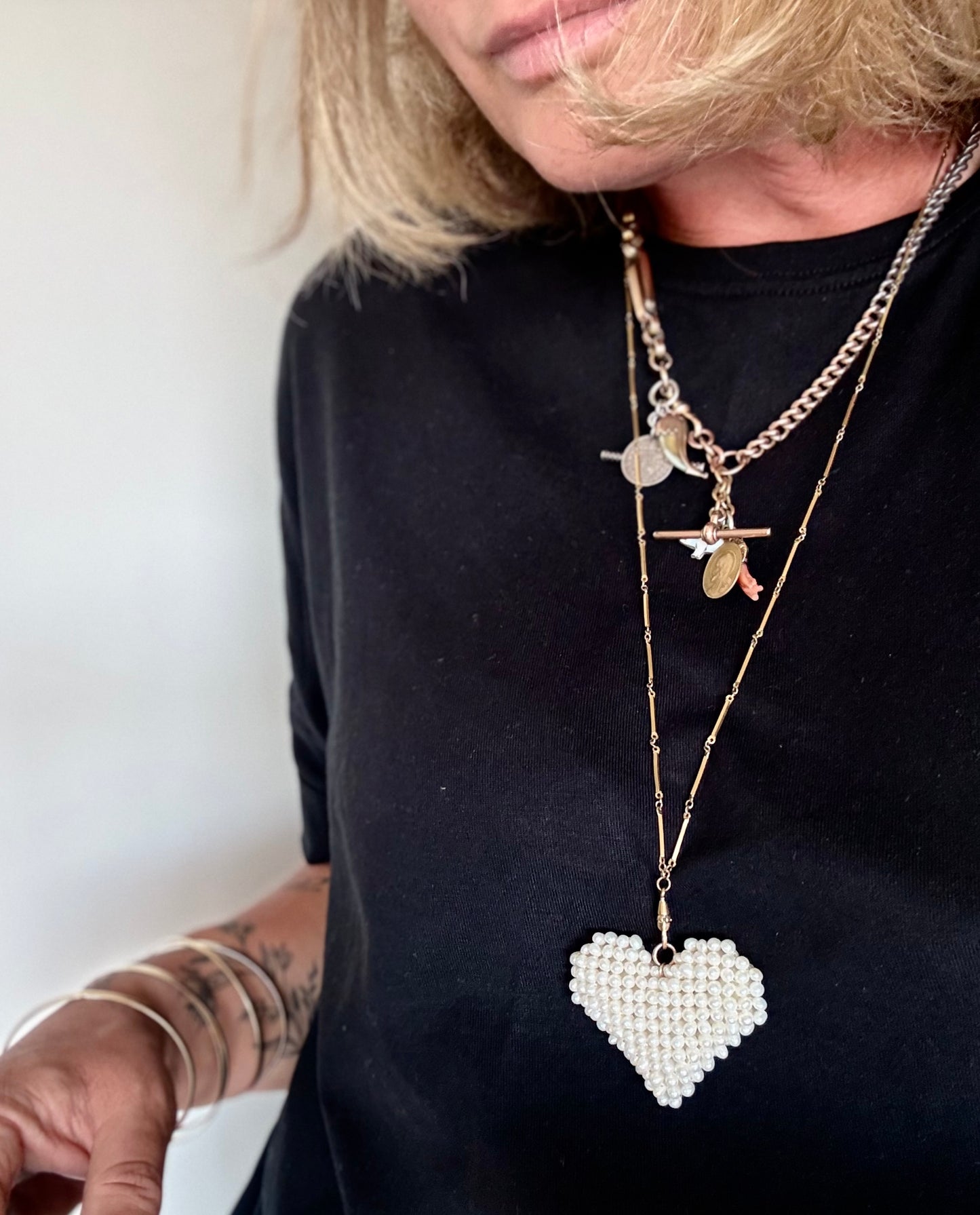 .1950s .1960s .1980s cultured pearl crochet heart modern pop art oversized real pearls and gold heart pendant