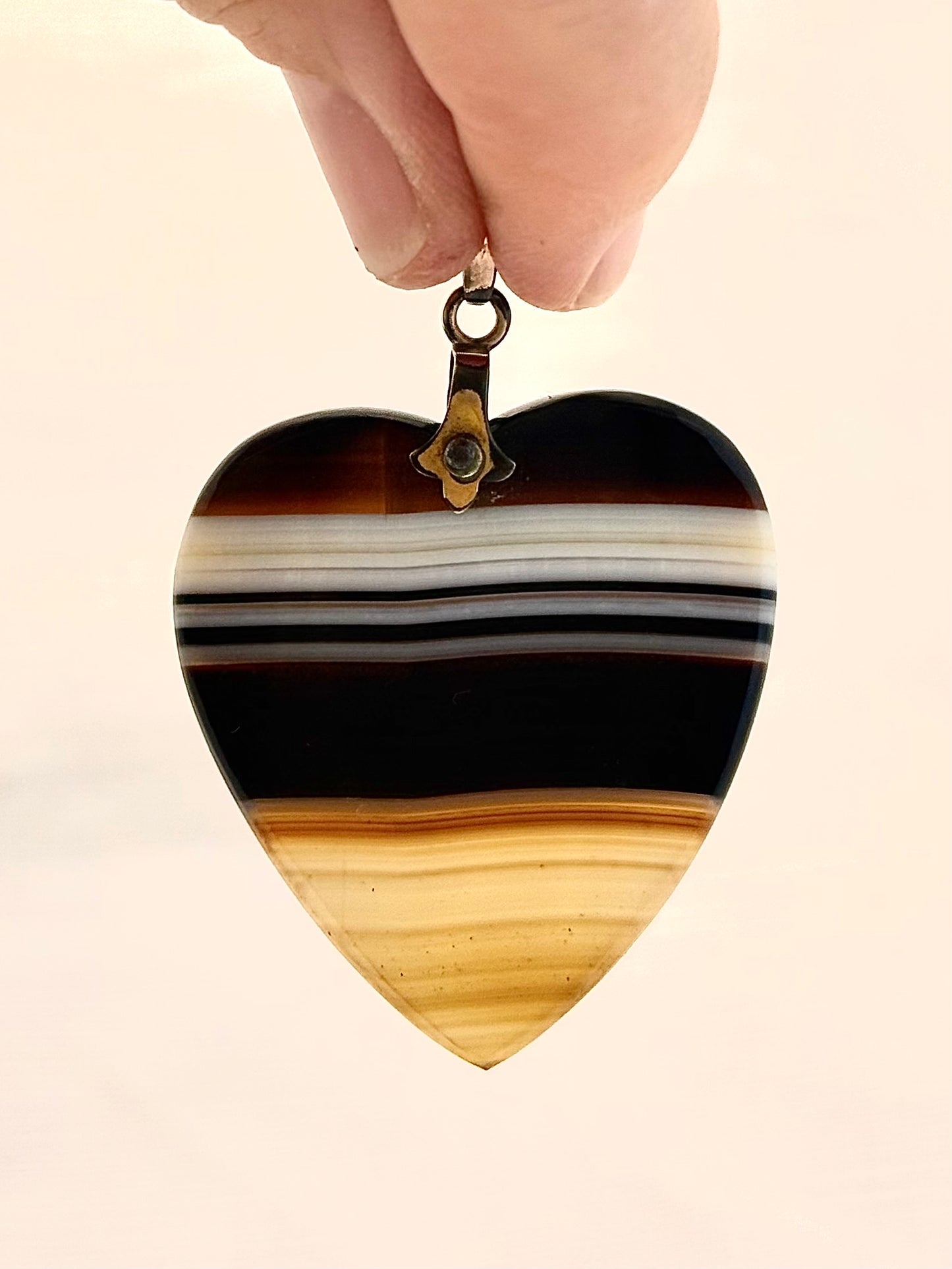 .1920s Art Deco banded agate oversized Victorian revival Irish made heart semi precious gemstone love token symbol pendant