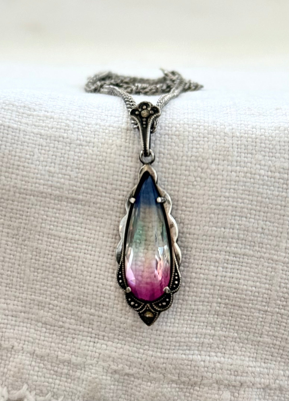 .1920s .1930s .830 silver Art Deco Iris Glass marcasite gemstone pendant on chain