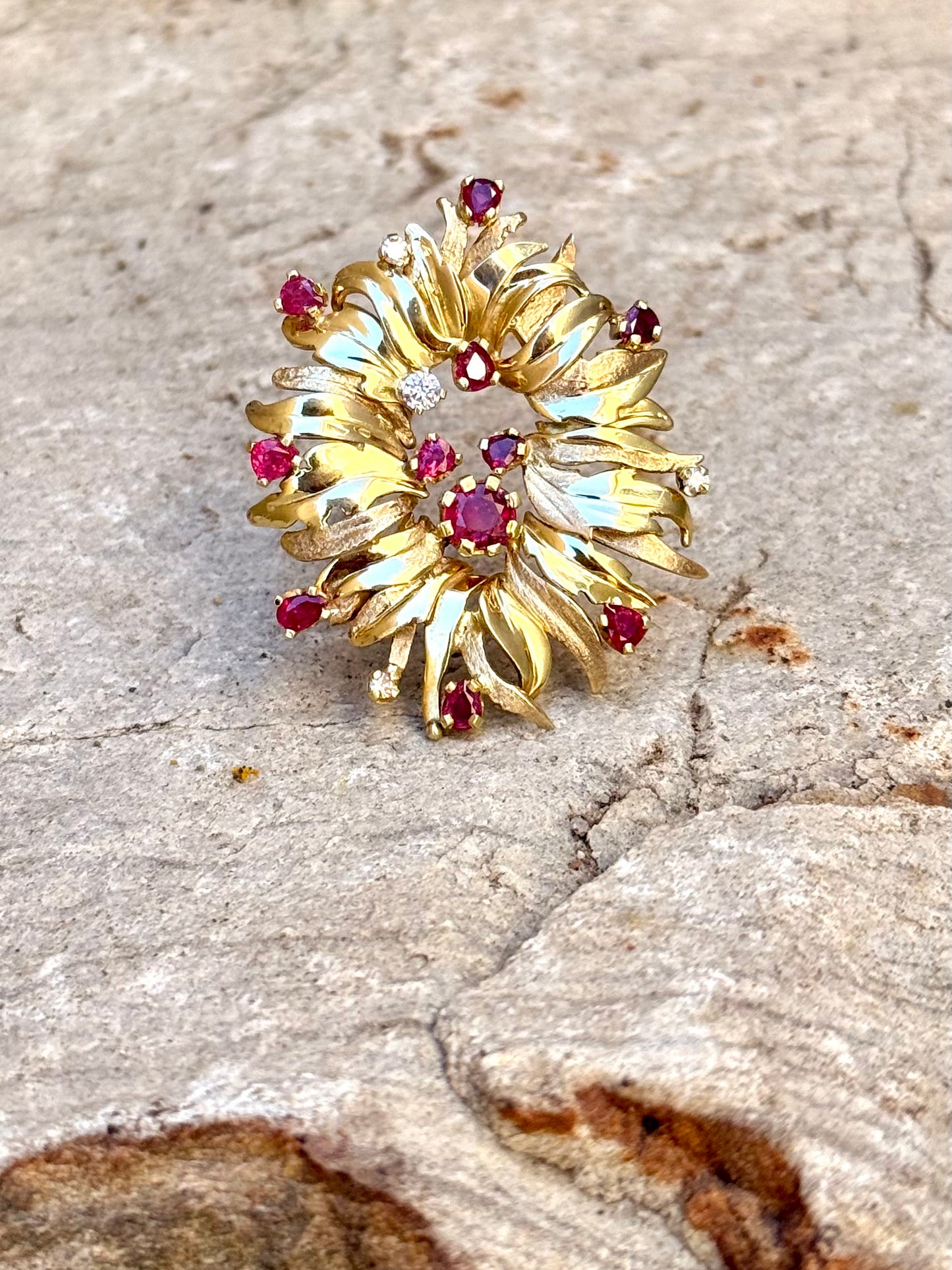 .1960s .1970s .375 gold modernist Diamond and Ruby gemstone heirloom Edelweiss flower spray brooch pin
