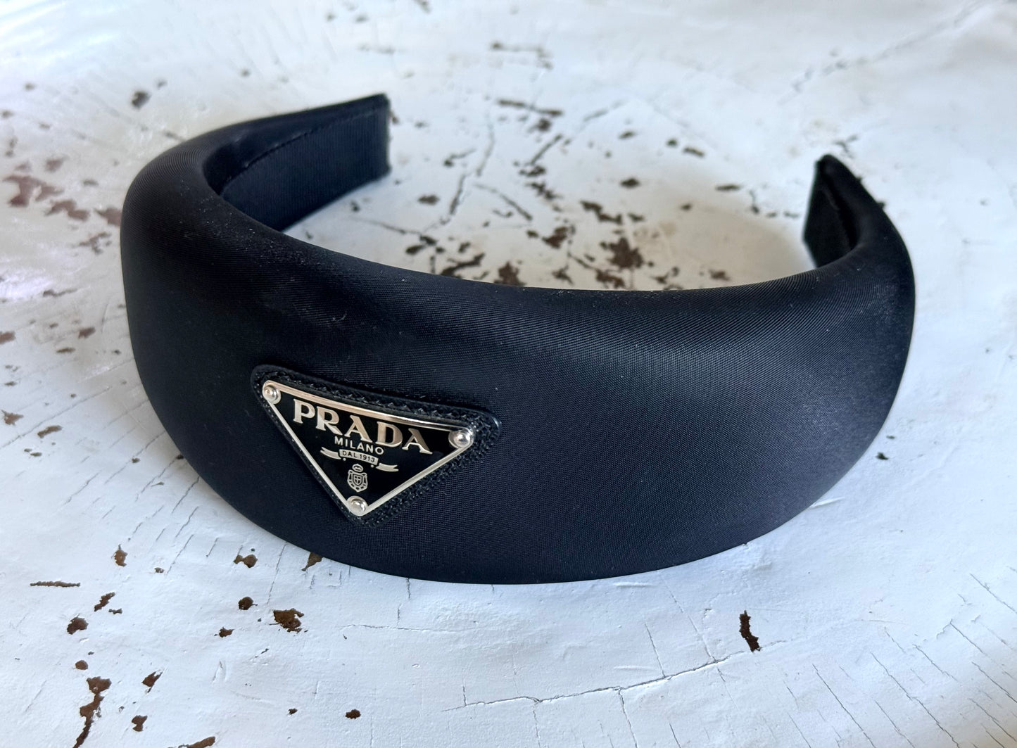 .1990s .2000s designer PRADA black hair accessory Triangle logo RE-NYLON oversized puffy headband
