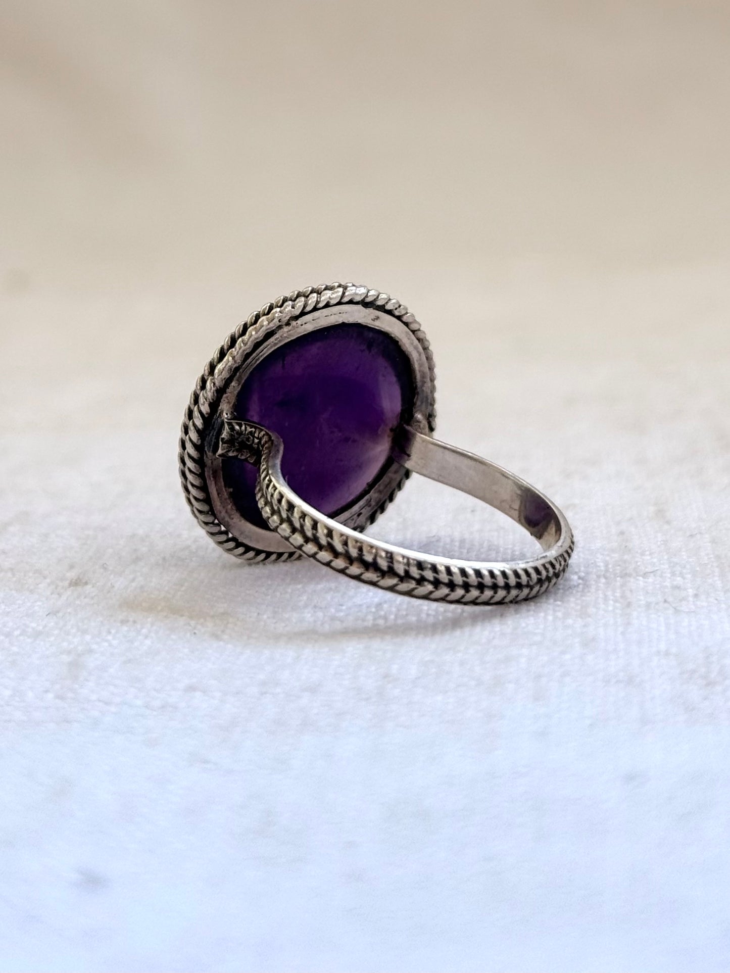 .925 Amethyst cabochon artisan made February birthstone hand crafted large traditional silver craftsman sterling silver statement ring