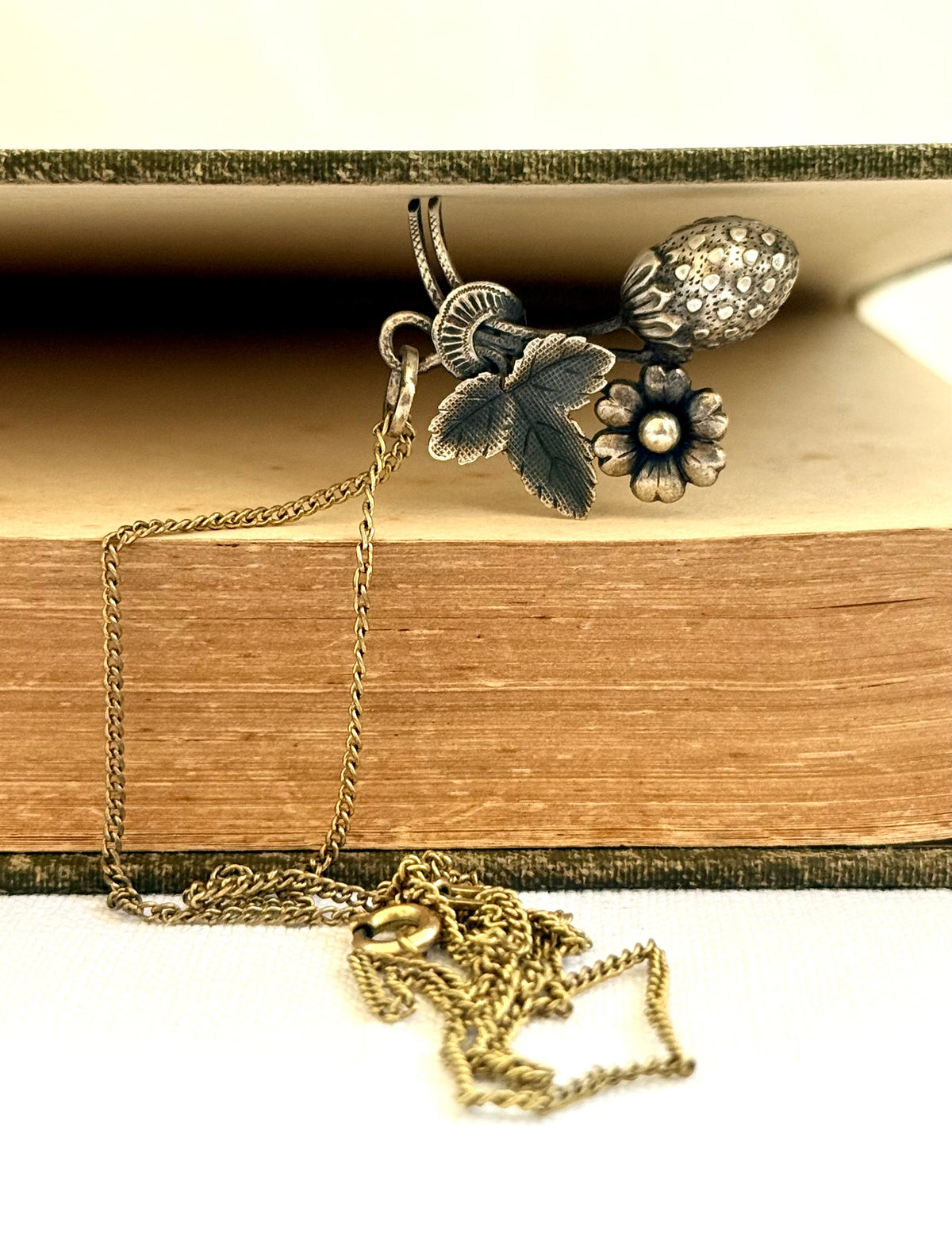 .1900s .1910s Art Nouveau French silver Strawberry and flower pendant and chain necklace