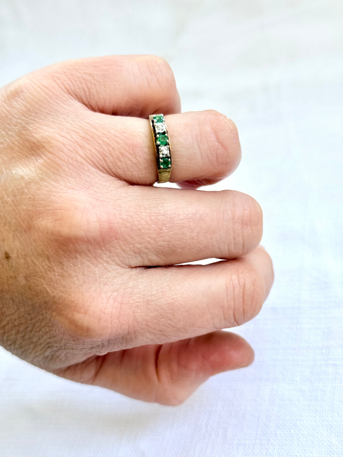 14k .1960s .1970s 3 Emeralds 2 Diamonds 5 precious gemstones high carat modernist brutalist half eternity ring band