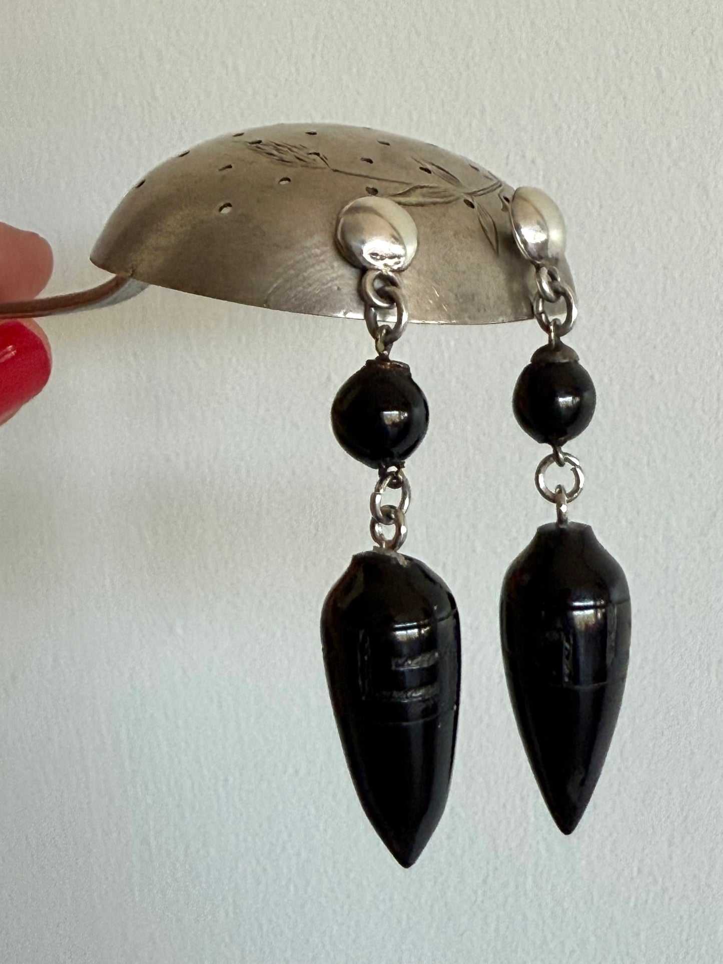 .1860s 835 silver Hellenistic revival Victorian Whitby Jet torpedo drop earrings