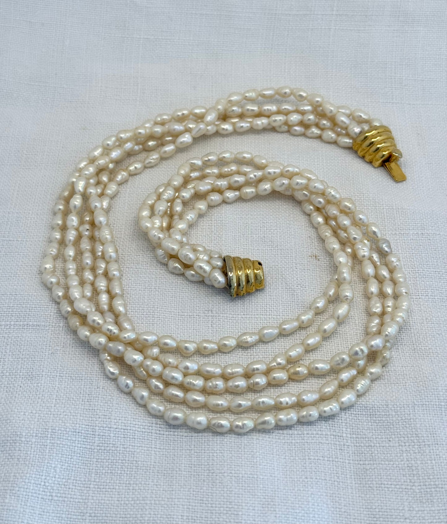 .1980s .5 Strand multi strand Freshwater creamy lustrous Modernist luxury Rice Pearl Necklace