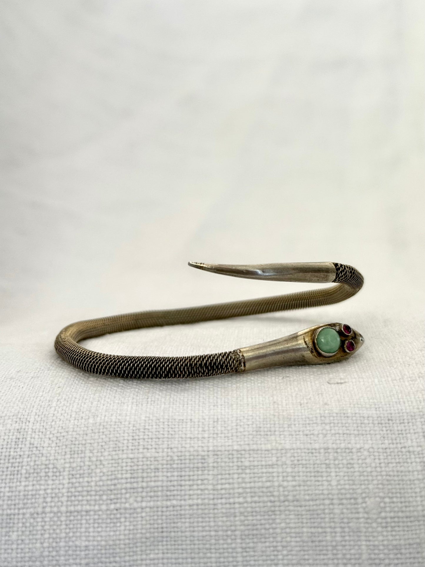 .1920s .1930s antique Victorian revival silver Snake Serpent and Chrysoprase Ruby gemstone head bangle