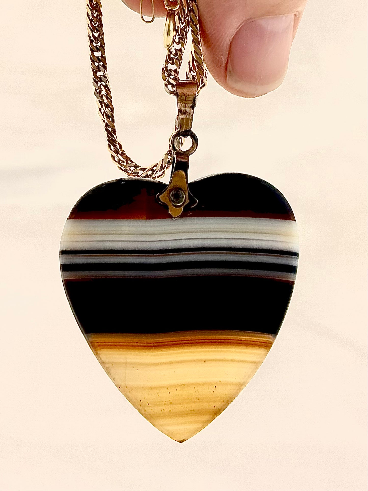 .1920s Art Deco banded agate oversized Victorian revival Irish made heart semi precious gemstone love token symbol pendant