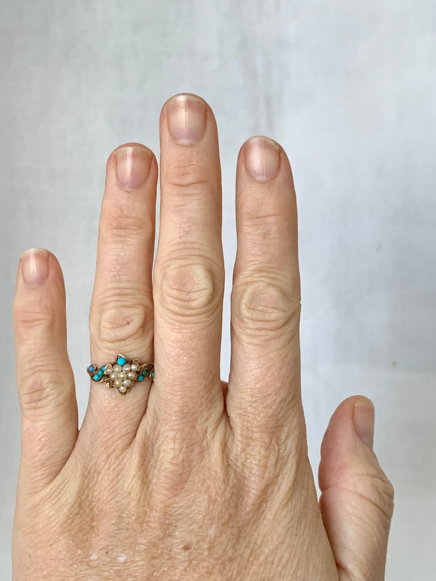 .1890s .1900s .375 .9ct antique buttery gold turquoise seed pearl grecian grape leaf Victorian gold sweetheart symbolic memory treasure ring