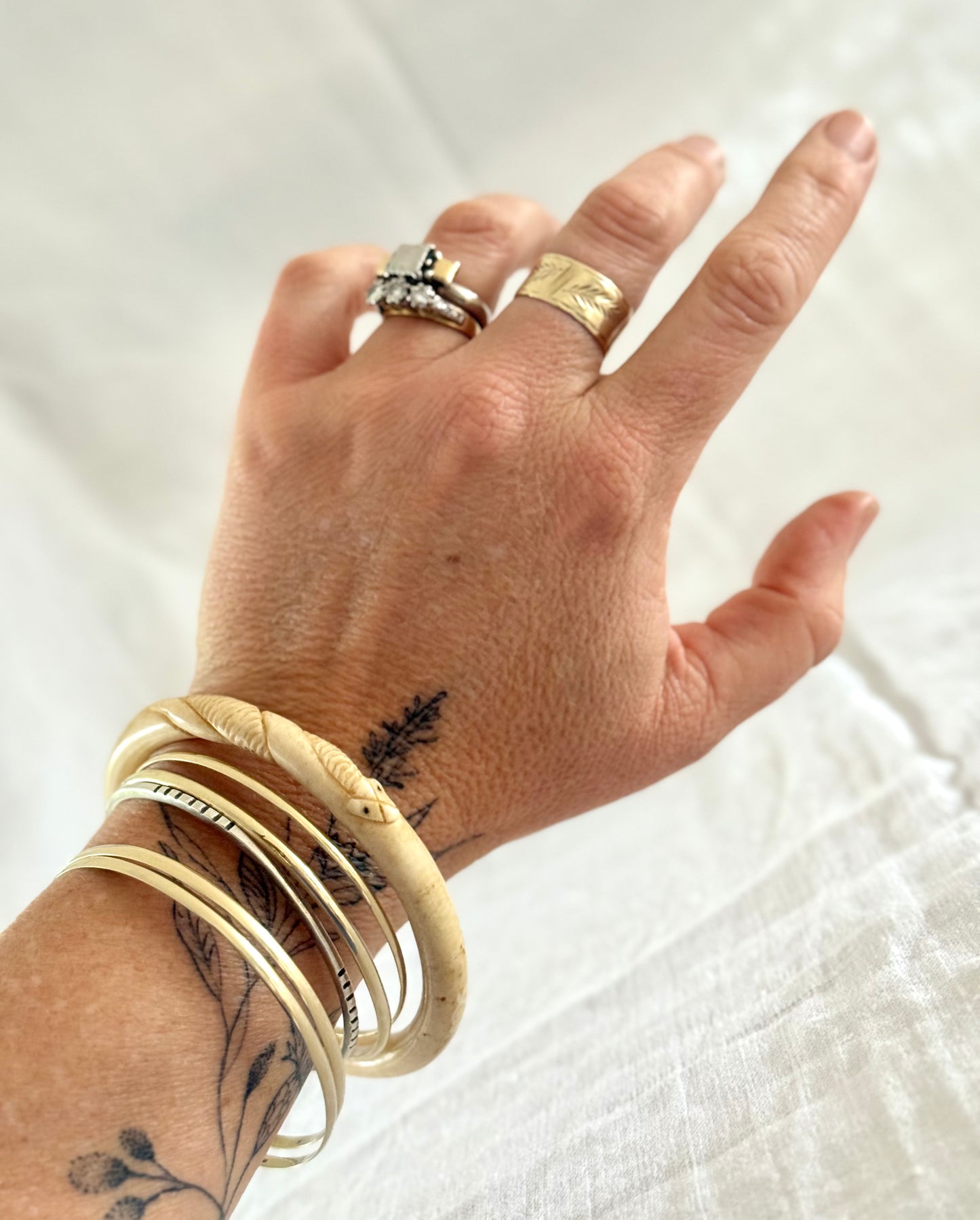 .1900s antique Arts & Crafts snake detailed hand carved pre ban ivory bone Victorian ivory stack bangle