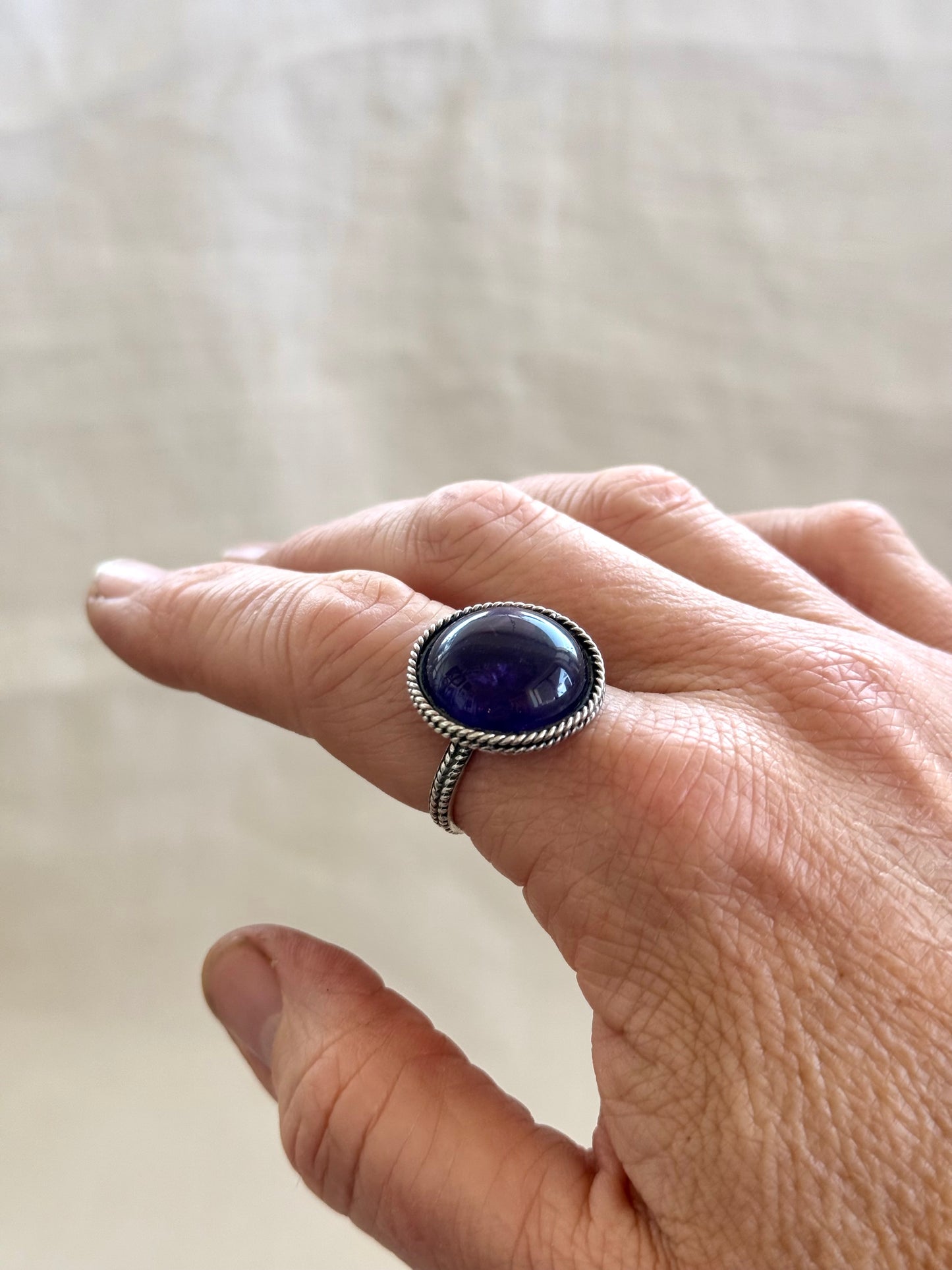 .925 Amethyst cabochon artisan made February birthstone hand crafted large traditional silver craftsman sterling silver statement ring
