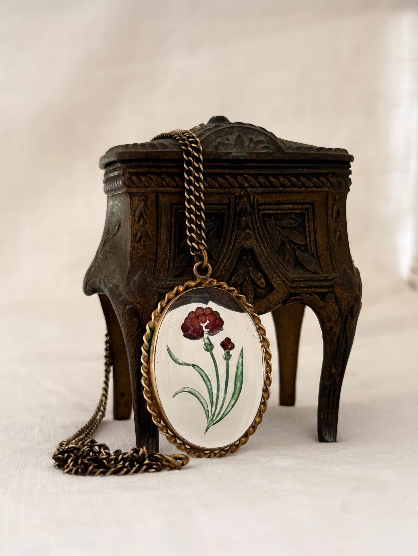 .1900s .1920s antique artisan reverse glass Carnation flower hand painted floral glass cabochon pendant