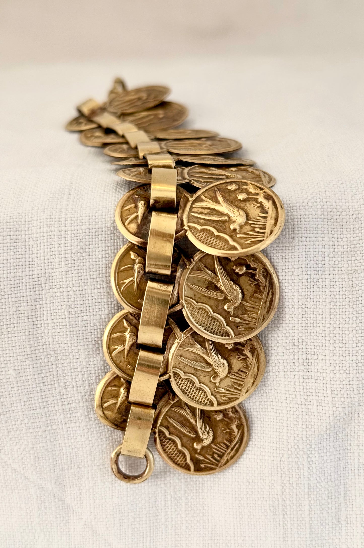 .1880s antique aesthetic movement book link Victorian Gold tone brass Swallow and Swift Sweetheart panel bracelet