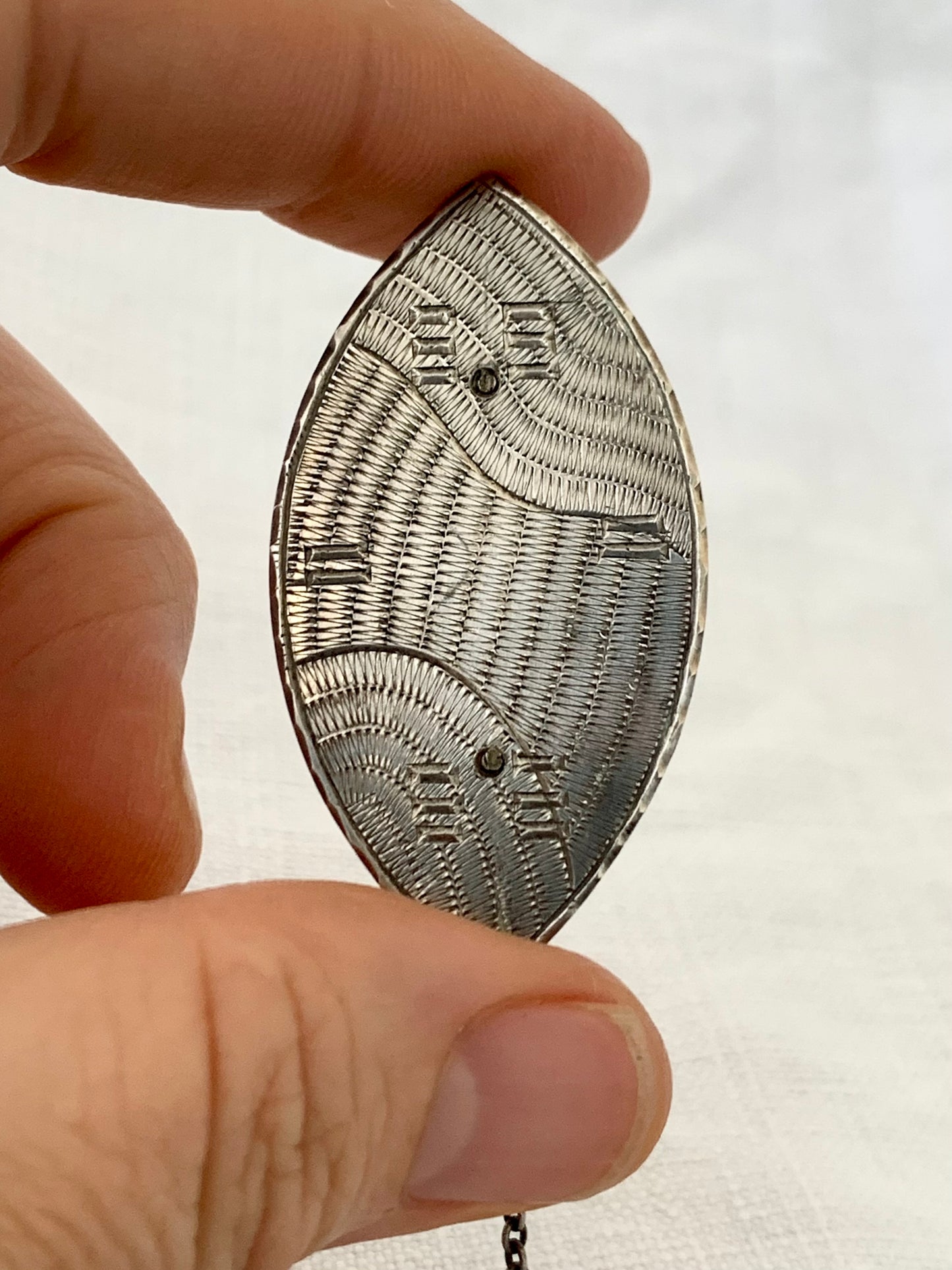 .925 1950s 1960s artisan made modernist tribal shield hand engraved hand made ellipse shape ethnic style shield brooch