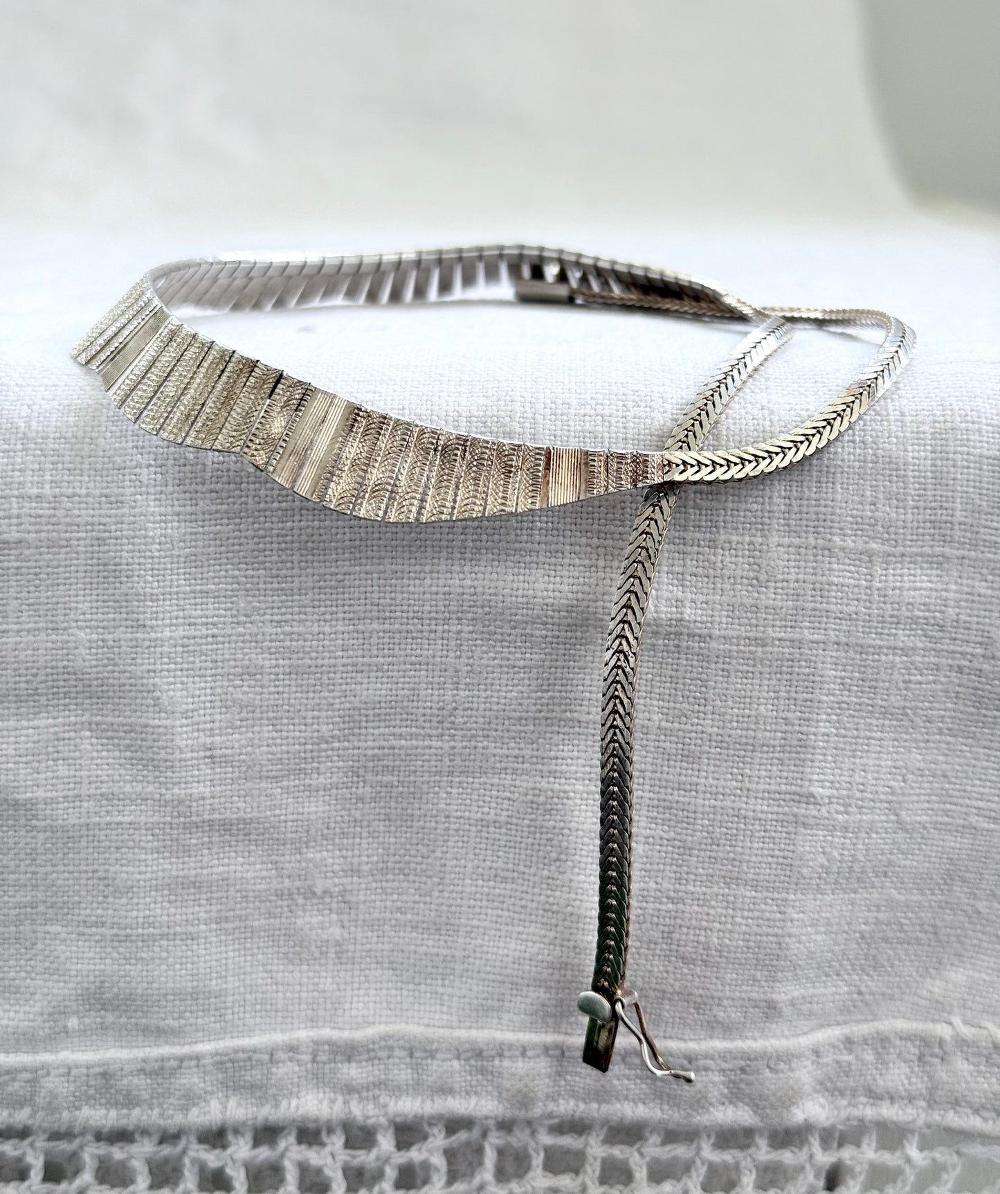 .1960s .1970s .925 Cleopatra Bib styled Scallop form textured form Mid Century Modern bib sterling silver necklace