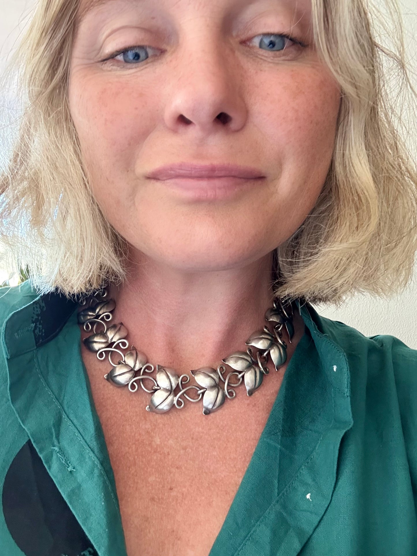 .1946 .925 designer mid century modern double leaf solid sterling silver modernist Scandinavian Swedish Haglund designer heirloom statement necklace