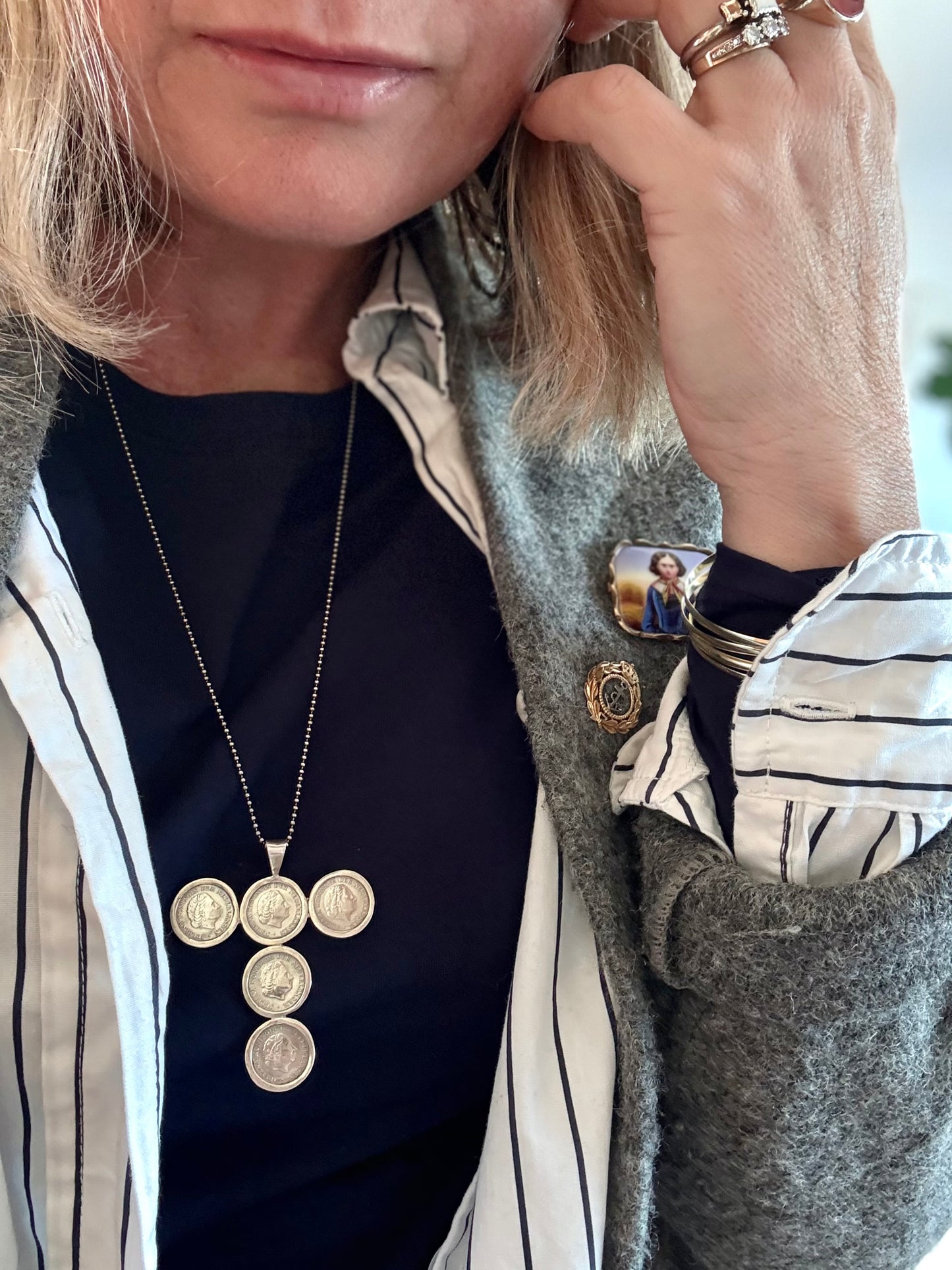 .1954 to .1980 .10 cents coin cross silver pendant on long lovely chain necklace