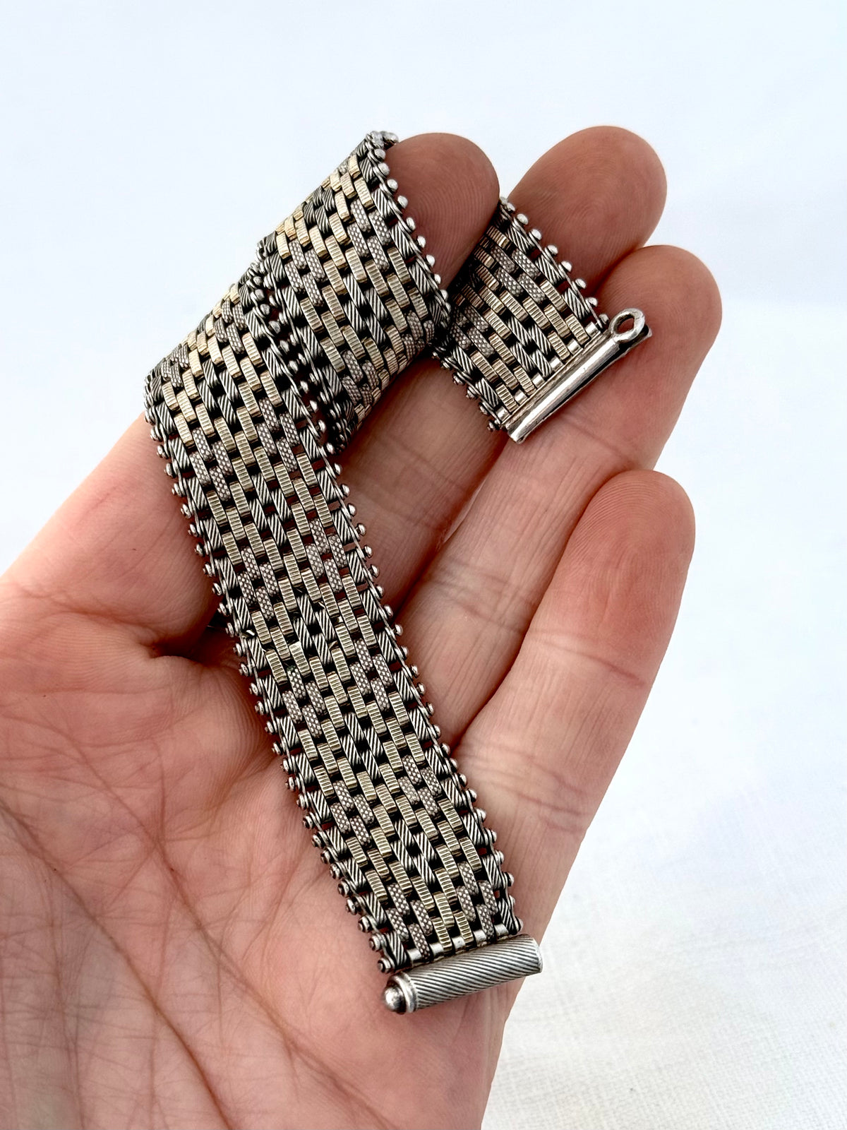 .1890s .1900s .925 antique Victorian fancy form gold fill and silver track mesh bracelet