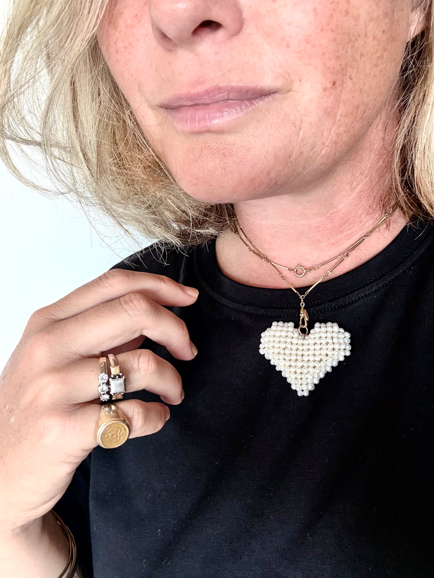 .1950s .1960s .1980s cultured pearl crochet heart modern pop art oversized real pearls and gold heart pendant