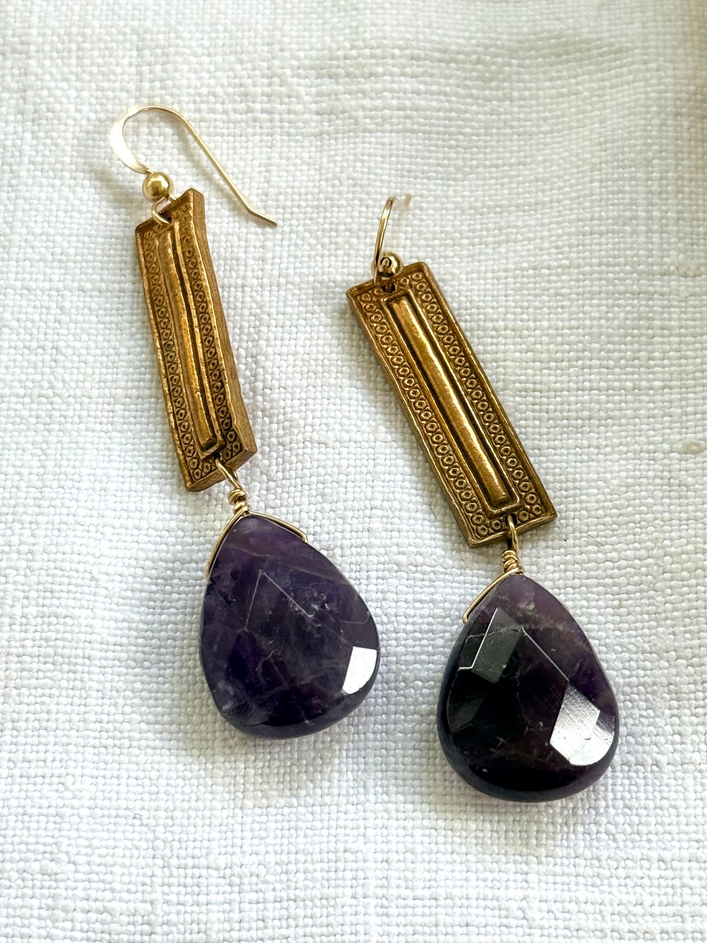 .14k gold Amethyst gemstone Briolette teardrop gold plated artisan made boho drop dangle earrings