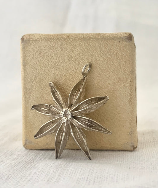 .925 artisan made Star Anise seed pod cast flower shape silver pendant