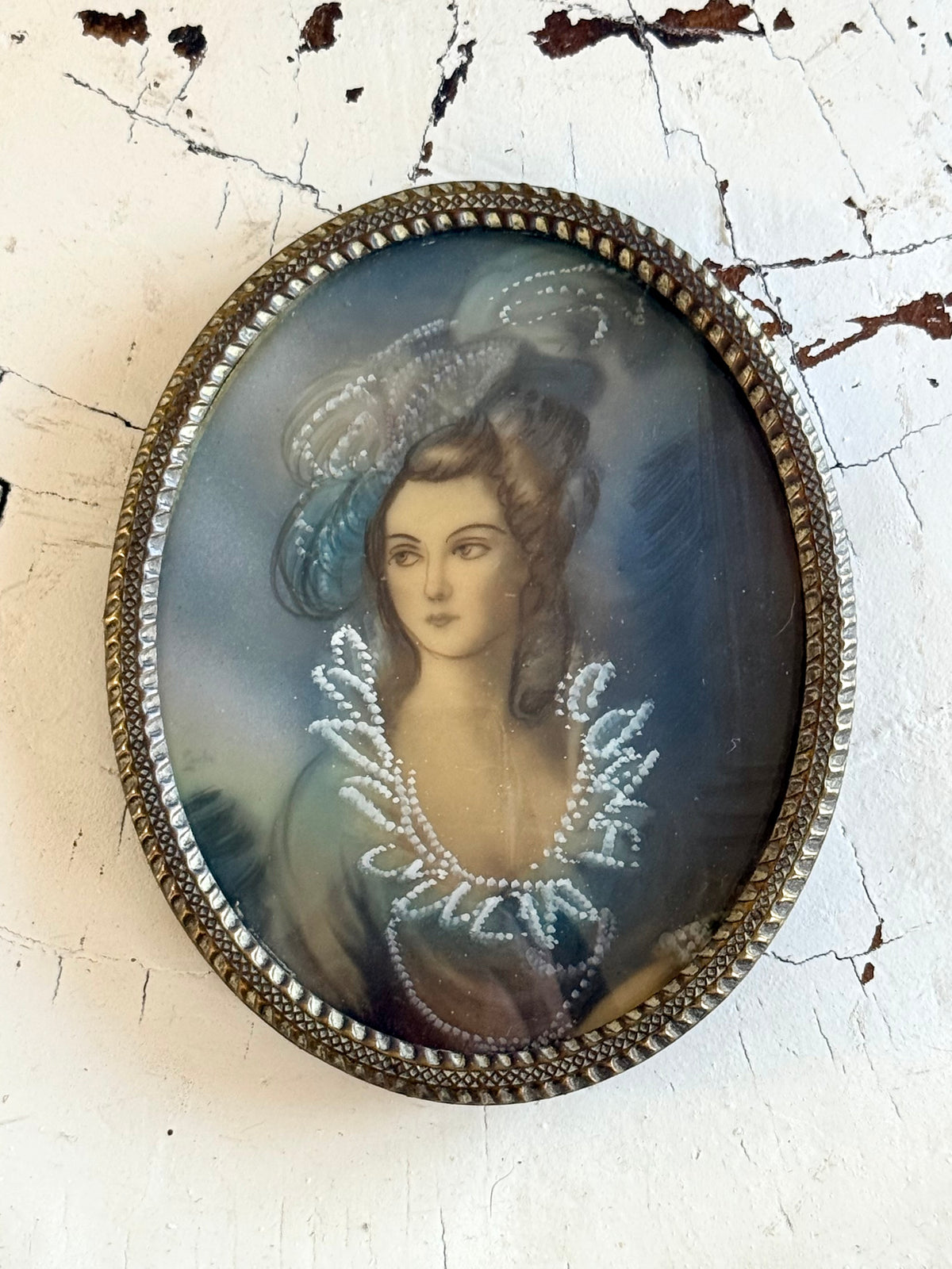 .1800s revival hand painted antique art miniature portrait original miniature reproduction hand painted portrait in brass frame