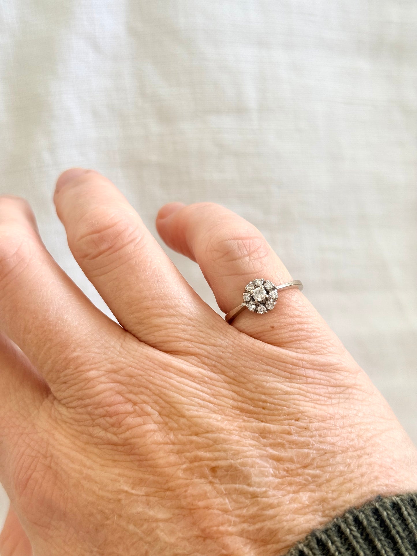 .18ct .1950s .1970s .9 diamond .750 white gold Diamond cluster flower floret halo diamond heirloom diamond gold commitment ring engagement ring