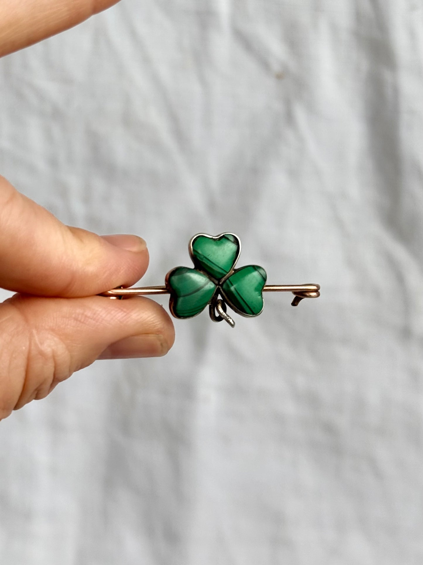 .1900s .1910s Clover Lucky token Malachite green gemstone three leaved faith token sweetheart brooch