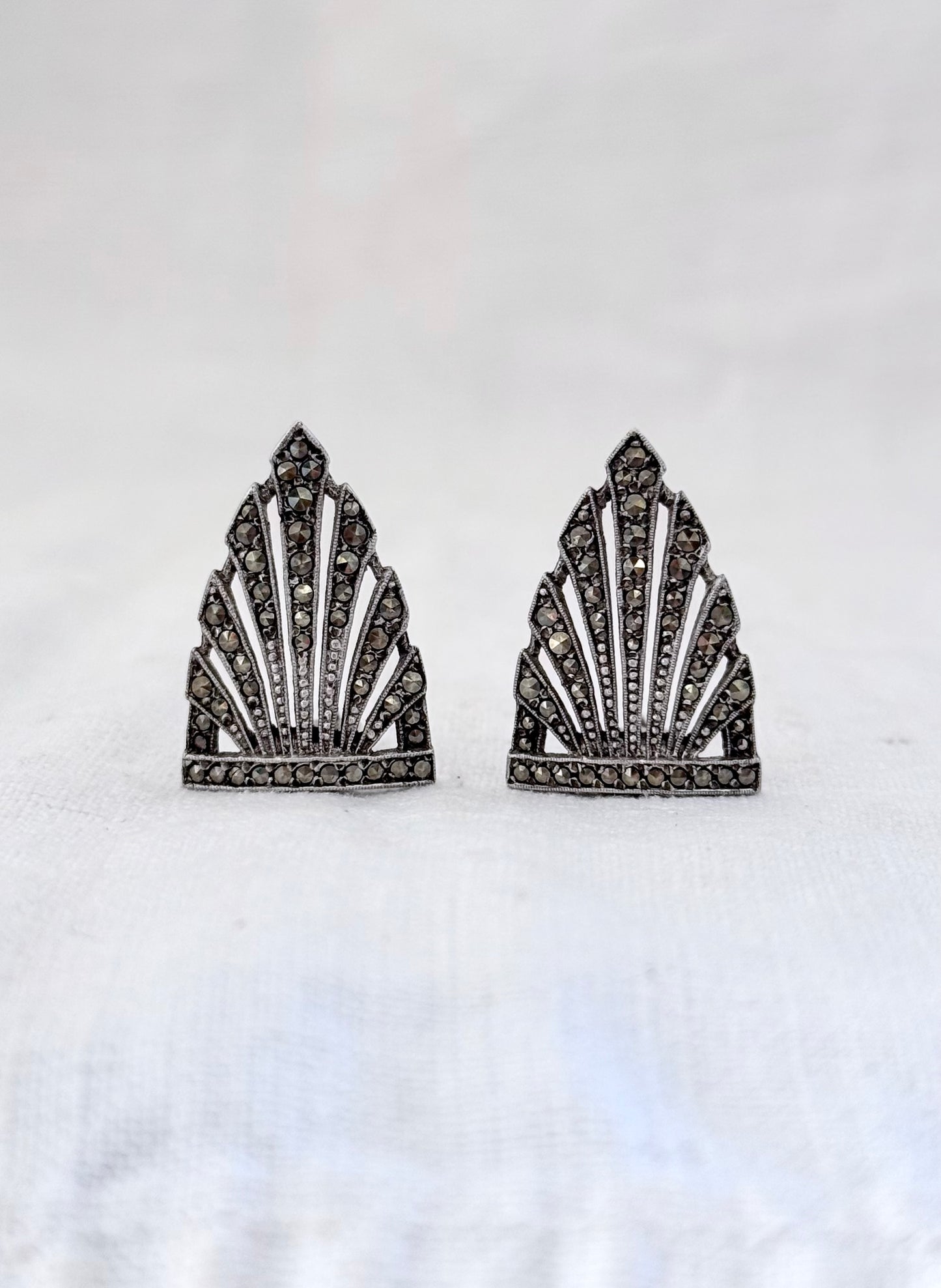 .1920s .1930s .925 antique Art Deco fine sterling silver Marcasite Duette double Dress clip Brooch Pin