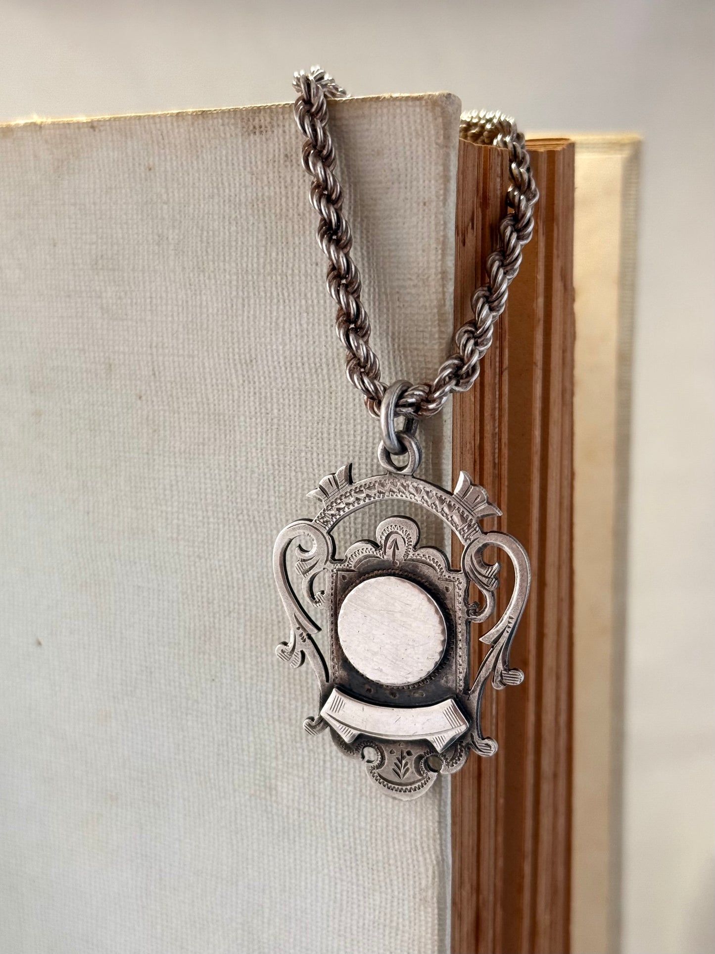 .1901 .925 antique beautiful open fret sterling silver fob medallion on 71cm long retro chunky rope chain necklace