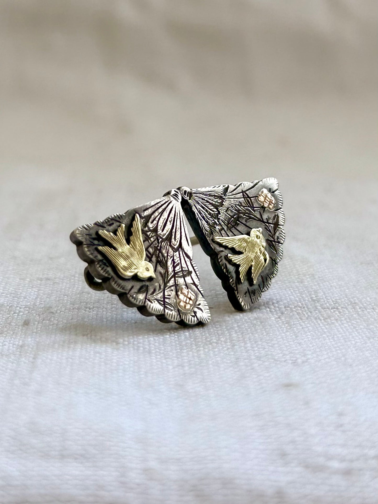 .1880s .1890s Aesthetic Antique Victorian keepsake silver gold fan form Japonisme sweetheart brooch