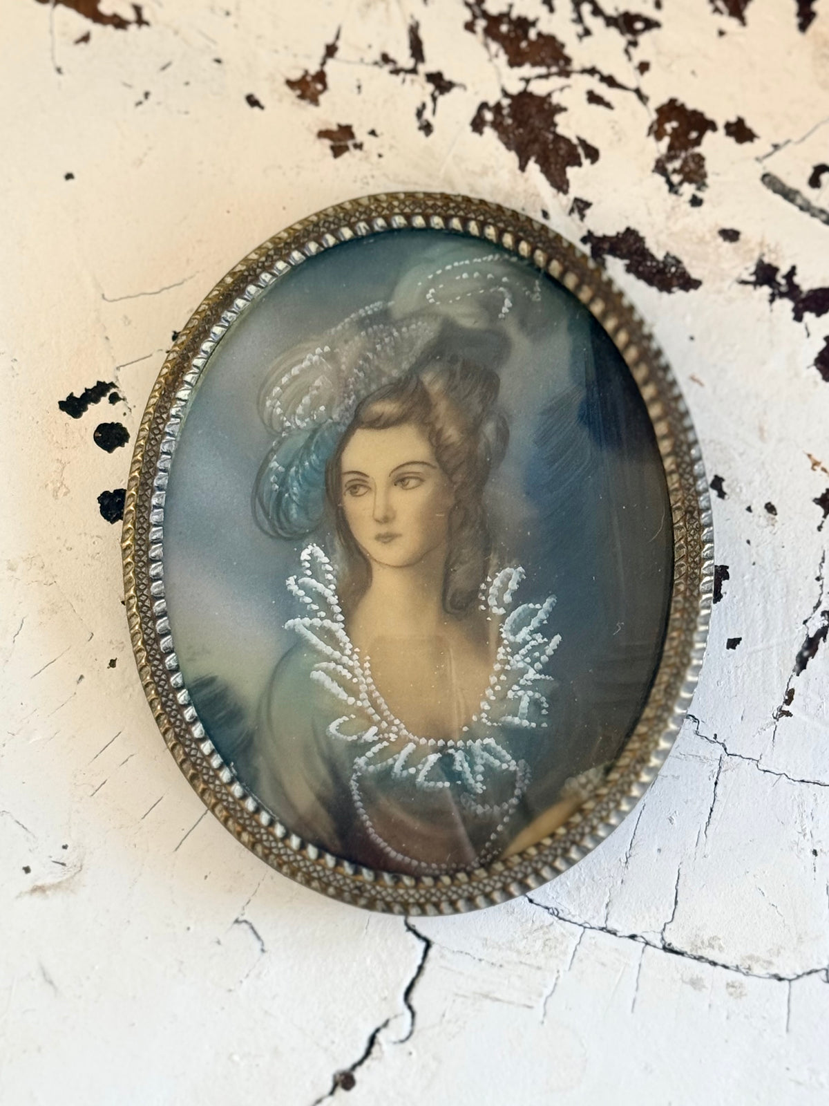 .1800s revival hand painted antique art miniature portrait original miniature reproduction hand painted portrait in brass frame