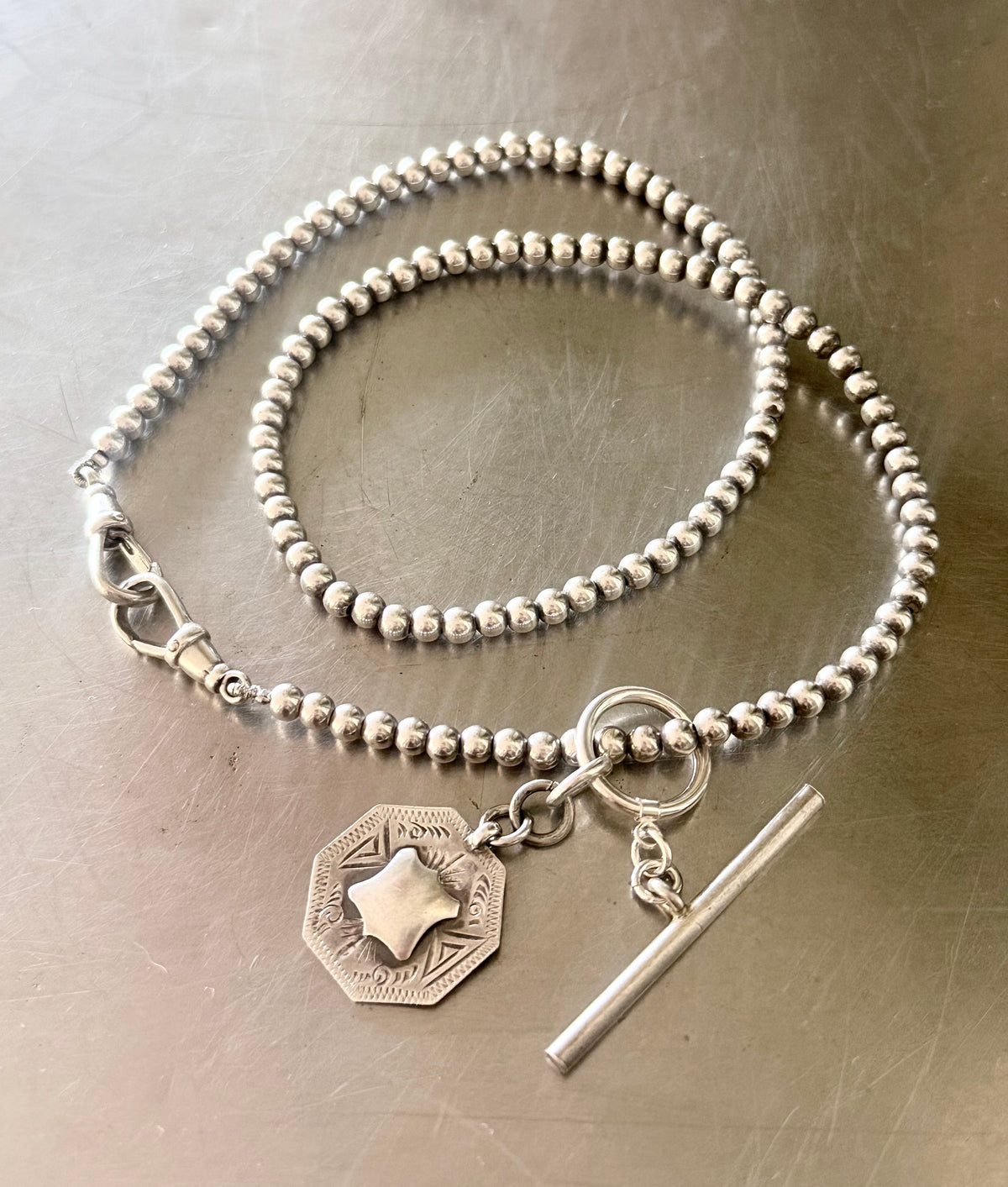 .925 antique revival modernist sterling silver bead chain fob chain t-bar medallion toggle chain necklace
