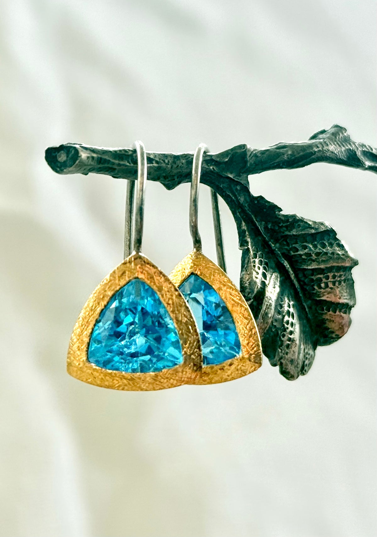 .24k yellow gold 925 silver ANPA artisan made Swiss Blue Topaz Trillion gold silver studio made drop dangle earrings