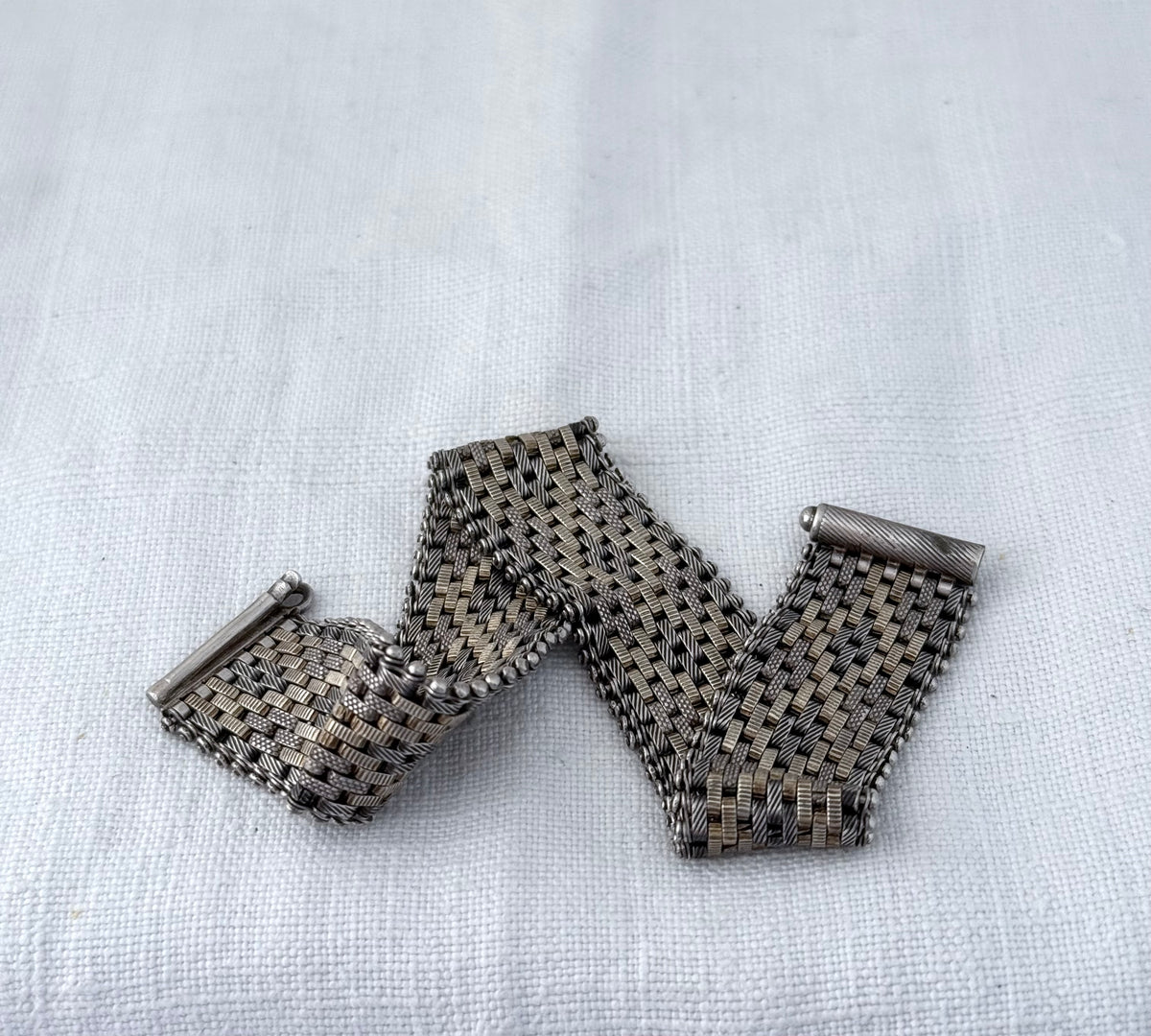 .1890s .1900s .925 antique Victorian fancy form gold fill and silver track mesh bracelet