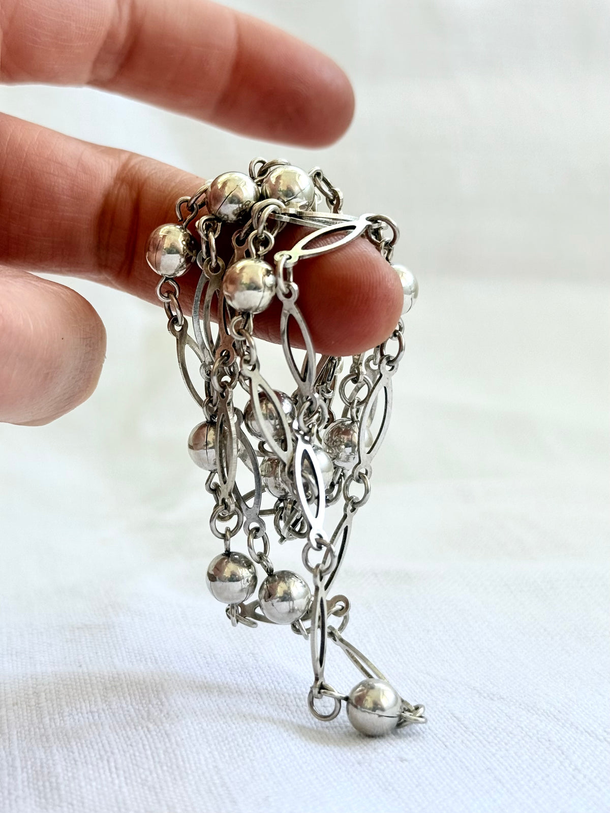 .1960s .1970s .89cm long .925 vintage fancy ball and navette oval form long silver fancy link chain necklace