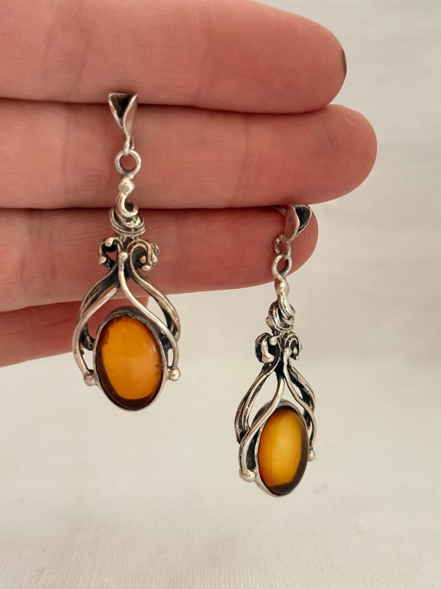 .925 Baltic Amber gemstone romantic antique revival sterling silver drop dangle earrings