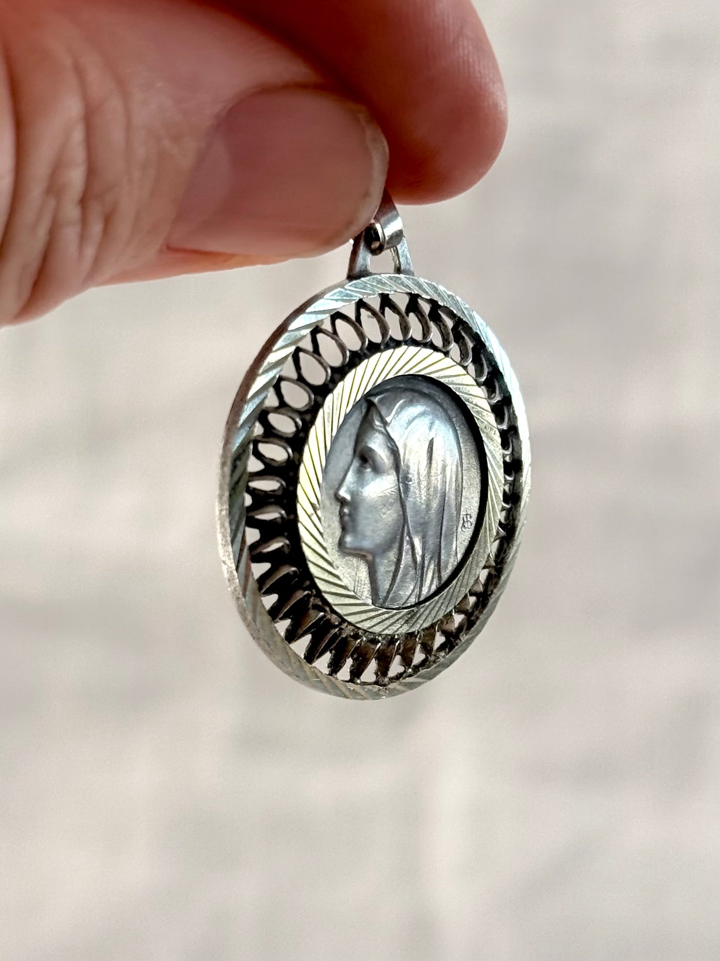 .1950s .1970s French Religious Holy Virgin Mother Maria Fatima Roman Catholic signed medallion token pendant