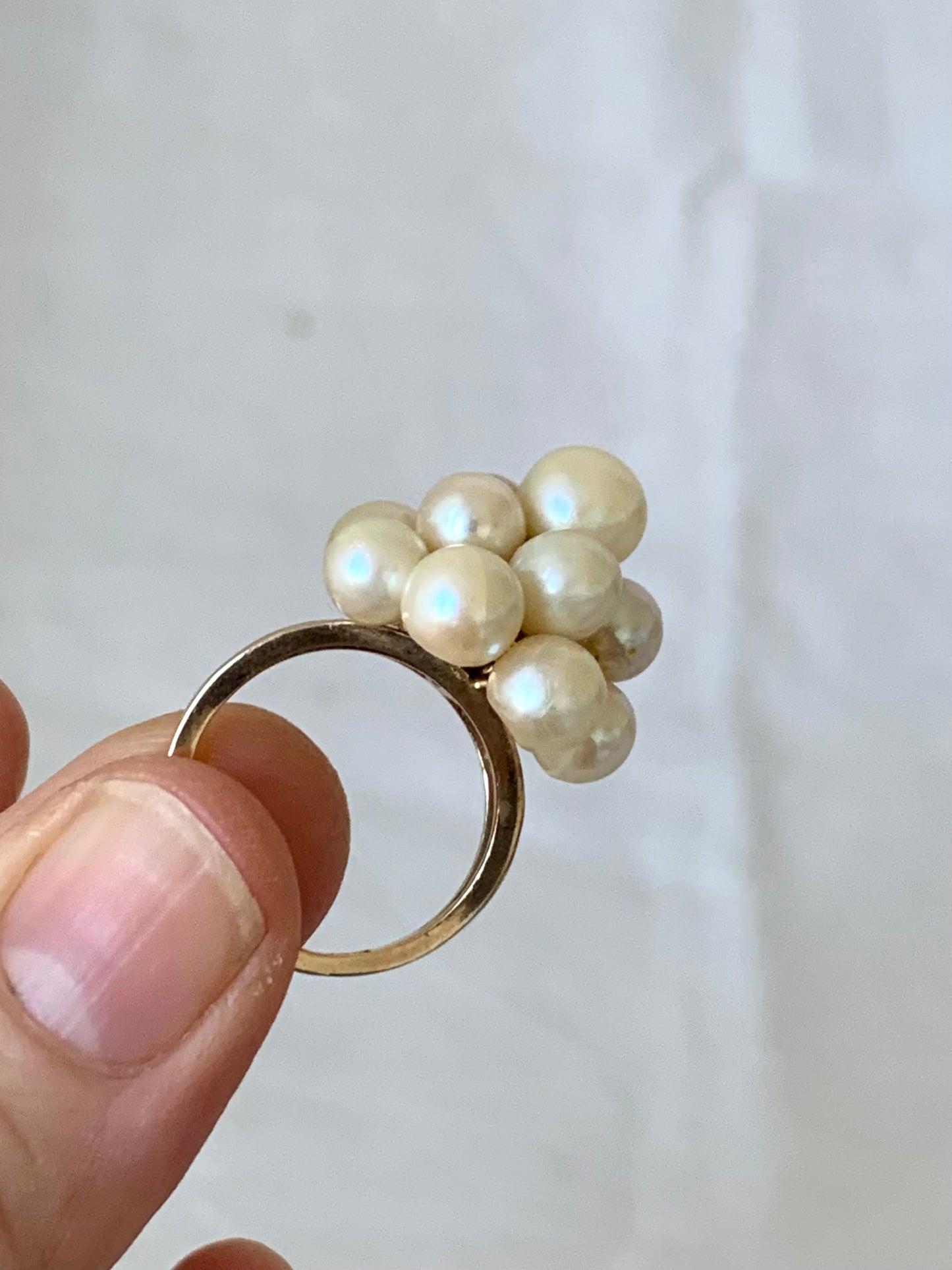 .14 pearls .1950s .1960s 9ct gold pearl floral stack magnificent and glorious modernist cocktail gold dress ring