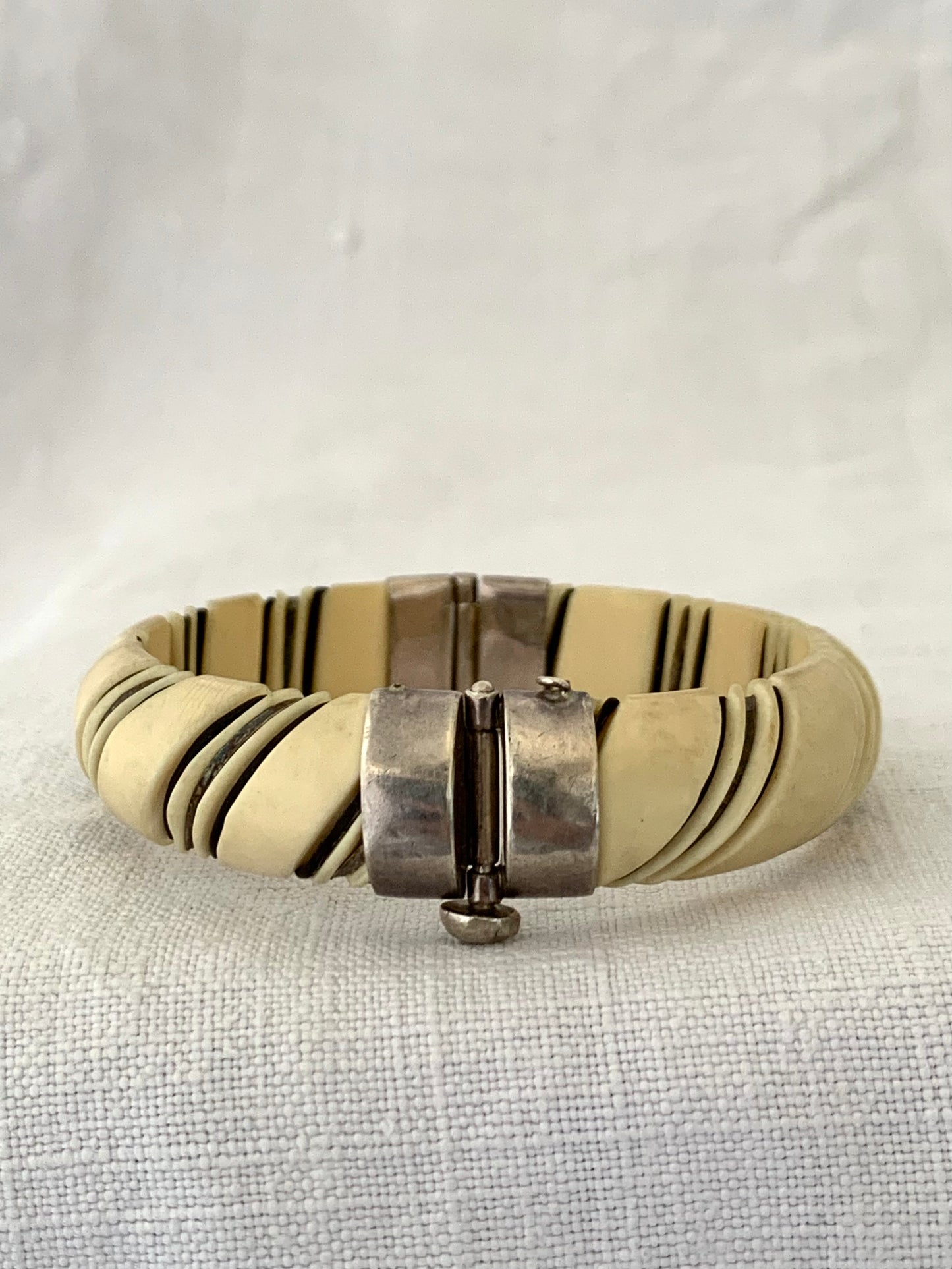 .925 1960s 1970s pre ban ivory bone sterling silver wire and elephant hair wrapped clasp bangle