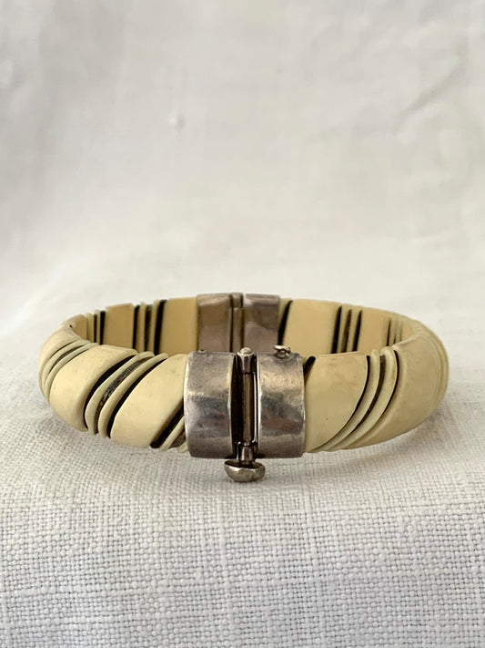 .925 1960s 1970s pre ban ivory bone sterling silver wire and elephant hair wrapped clasp bangle