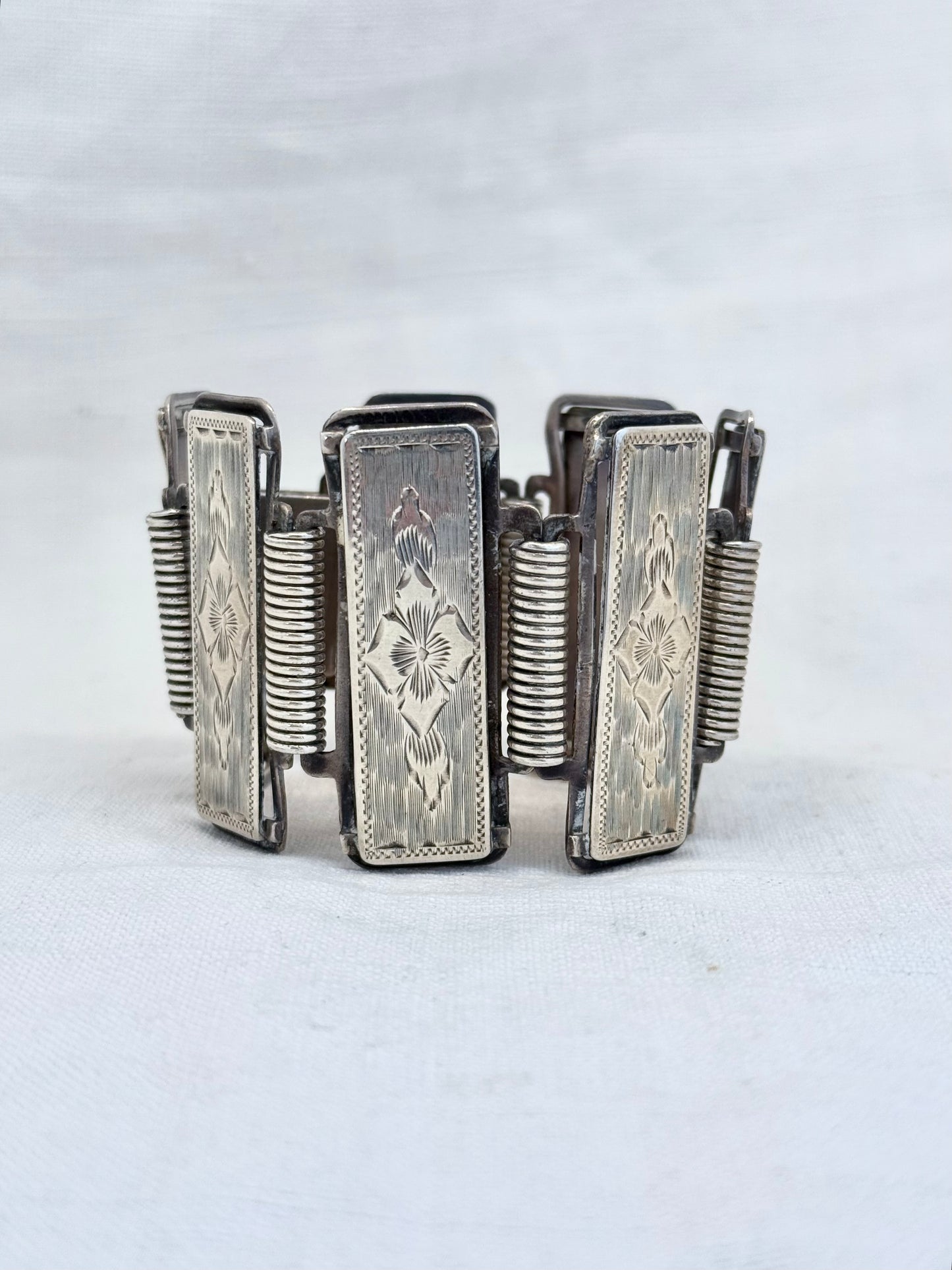 .1880s .1890s .925 Aesthetic Victorian era wide link and solid silver etched panel bracelet