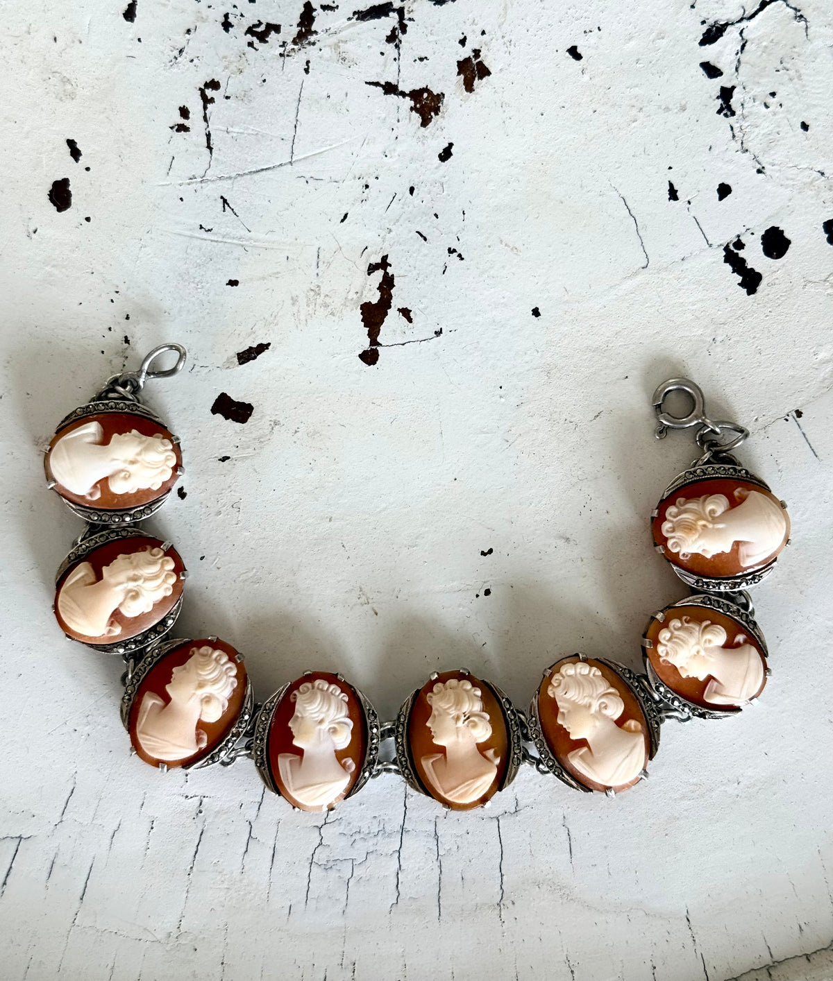.1930s .1940s .925 artisan made fine multi cameo hand carved panel link collector fine silver bracelet